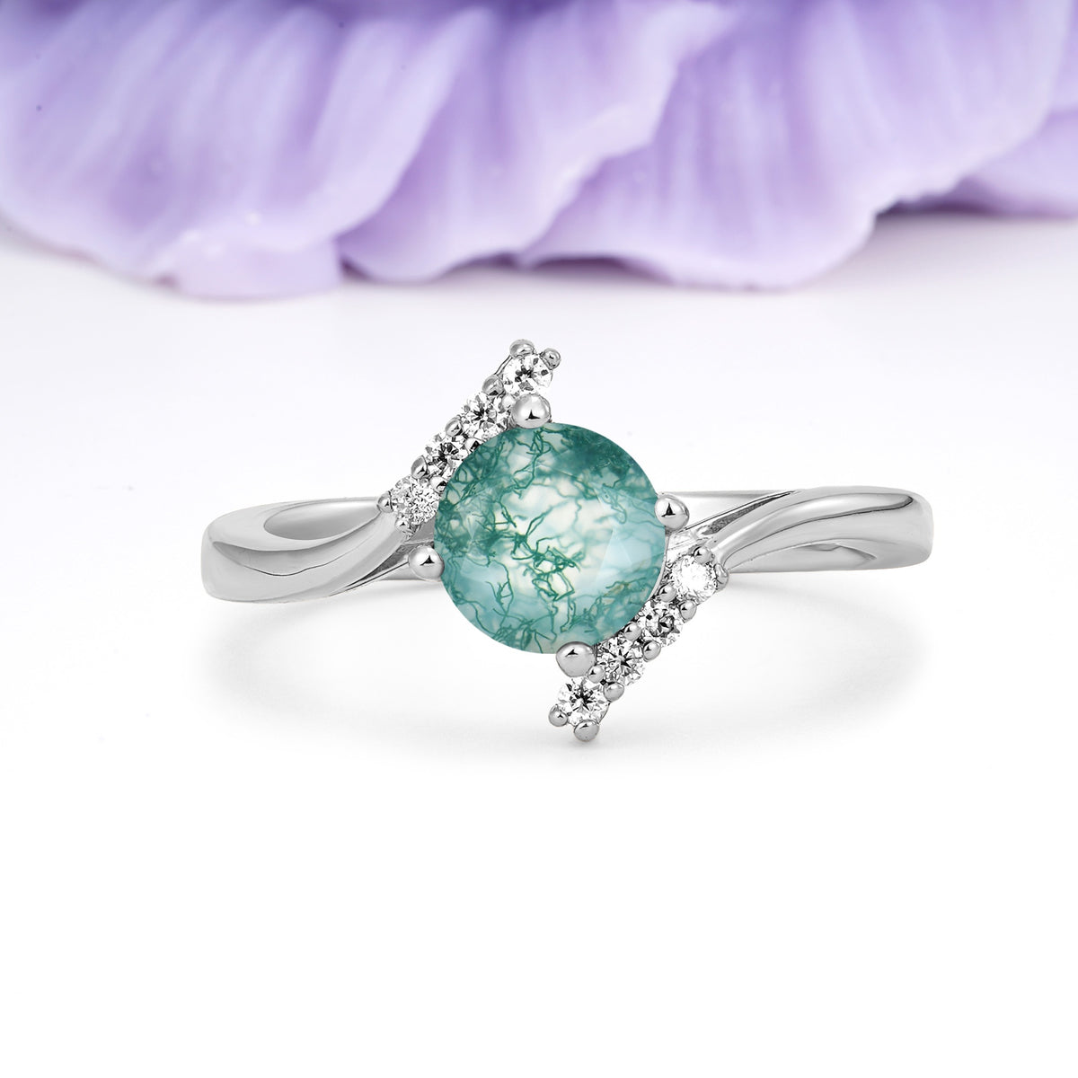 Unique Twisted 4 Prong Round Cut Moss Agate Engagement Ring - Additional view