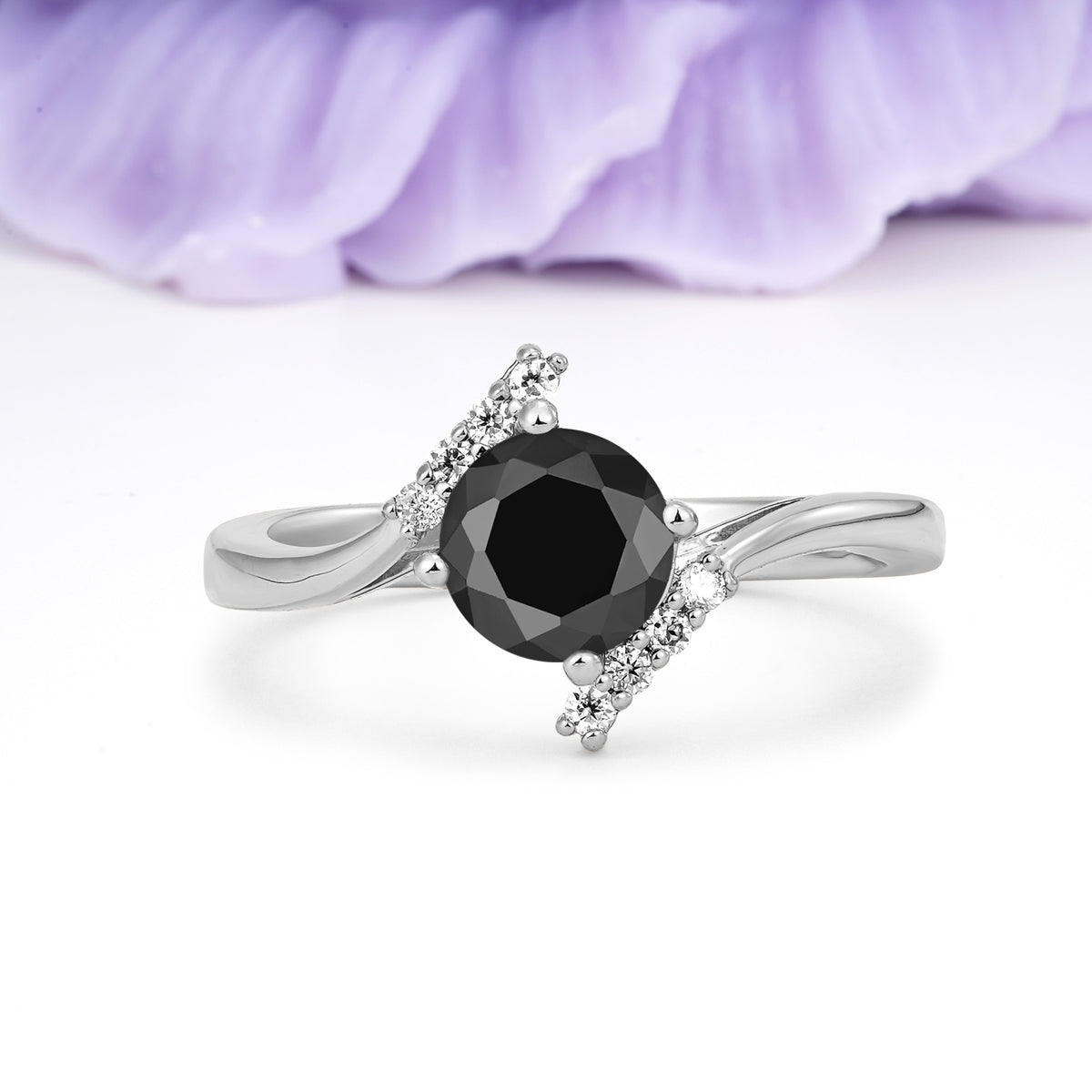 Unique Twisted 4 Prong Round Cut Black Onyx Engagement Ring - Additional view