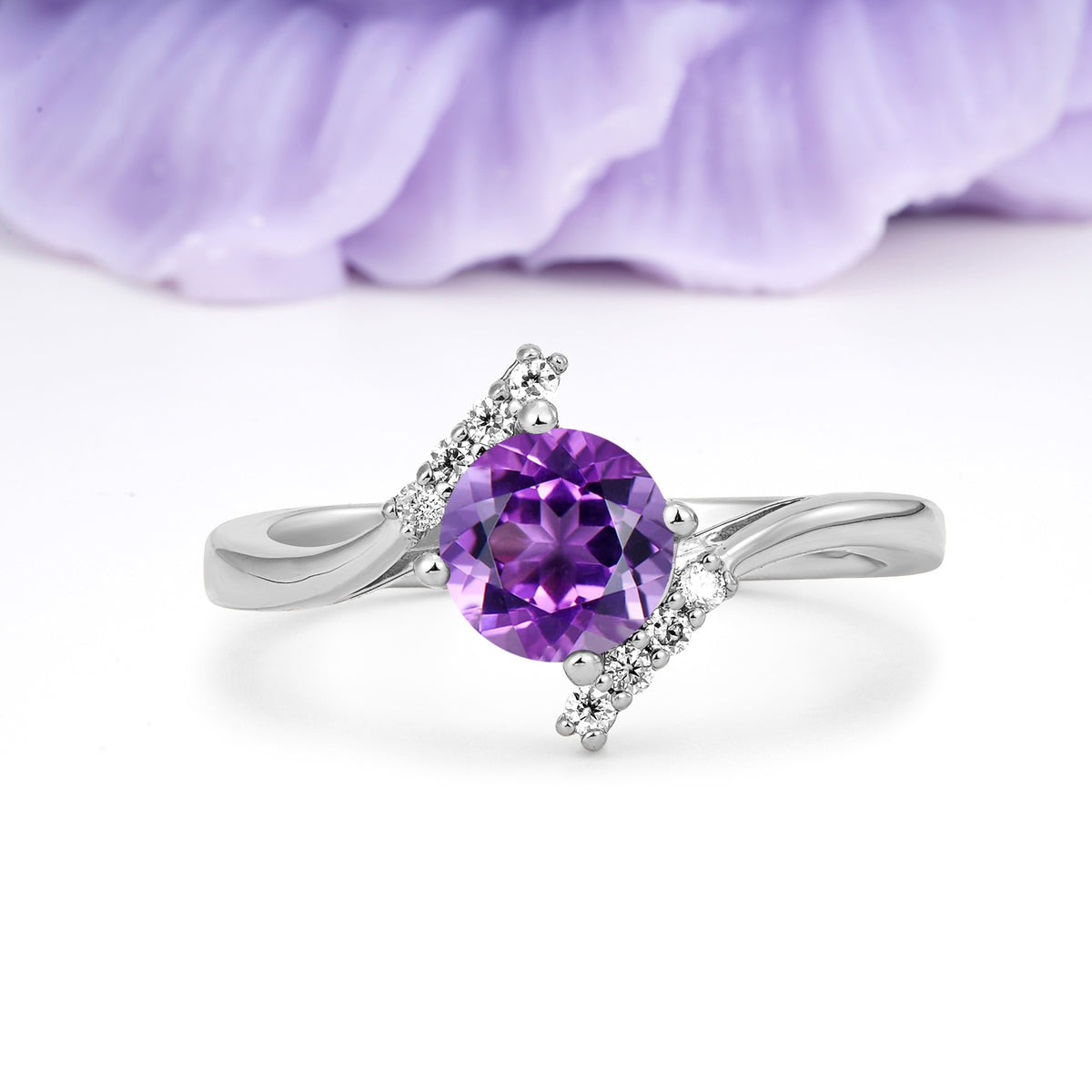 Unique Twisted 4 Prong Round Cut Amethyst Engagement Ring - Additional view