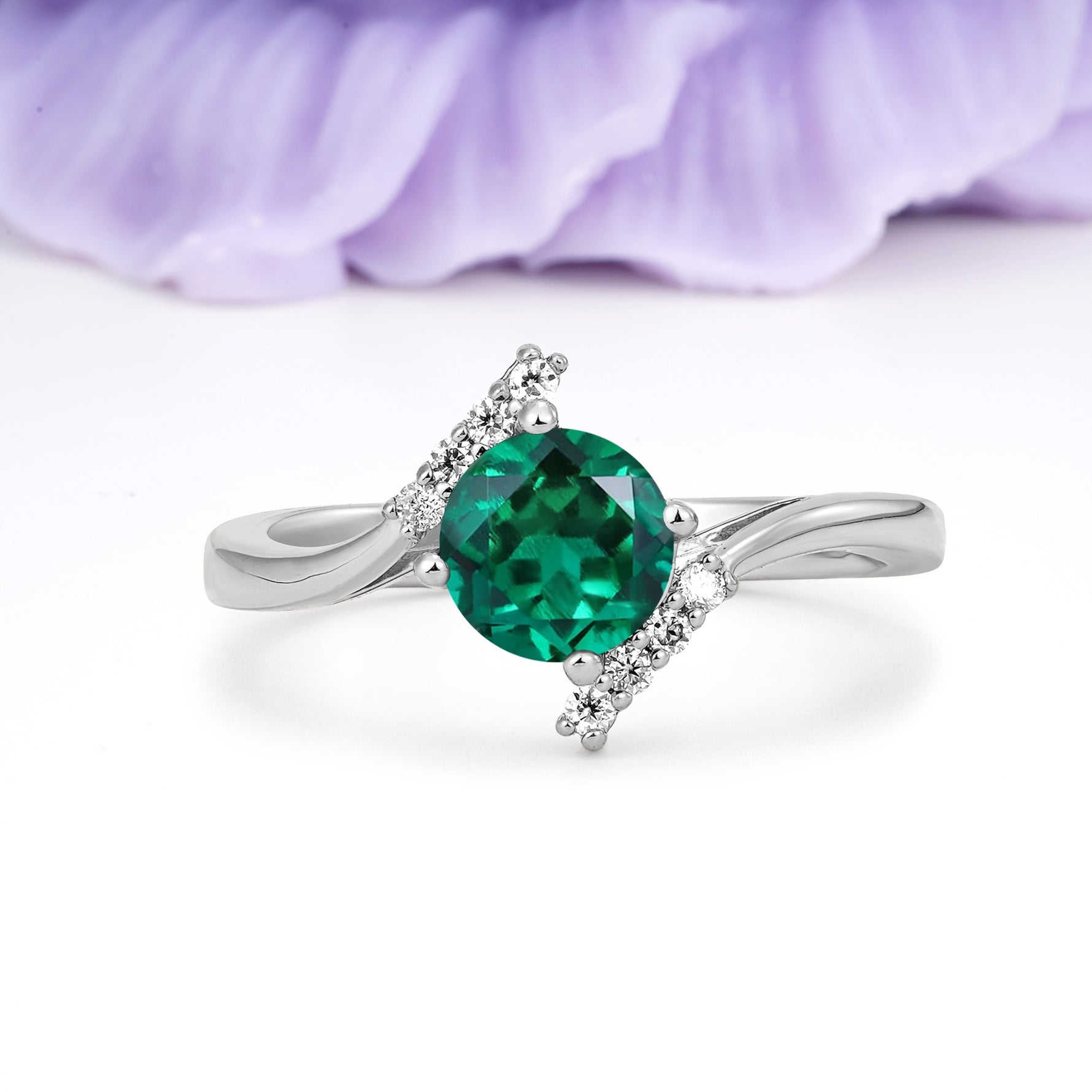 Unique Twisted 4 Prong Round Cut Emerald Engagement Ring - Additional view