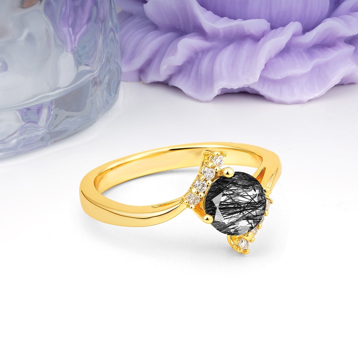 Unique Twisted 4 Prong Round Cut Black Rutilated Quartz Engagement Ring - Additional view
