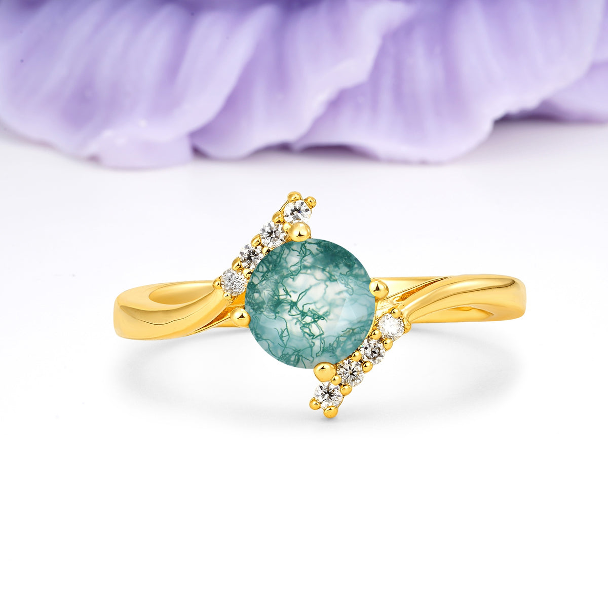 Unique Twisted 4 Prong Round Cut Moss Agate Engagement Ring - Additional view