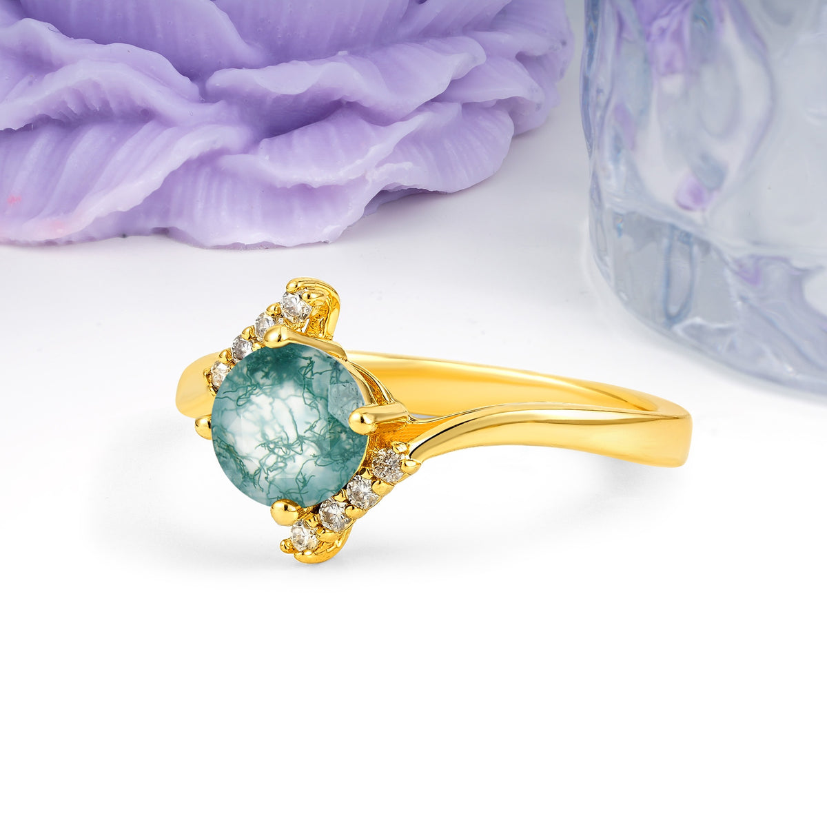 Unique Twisted 4 Prong Round Cut Moss Agate Engagement Ring - Additional view