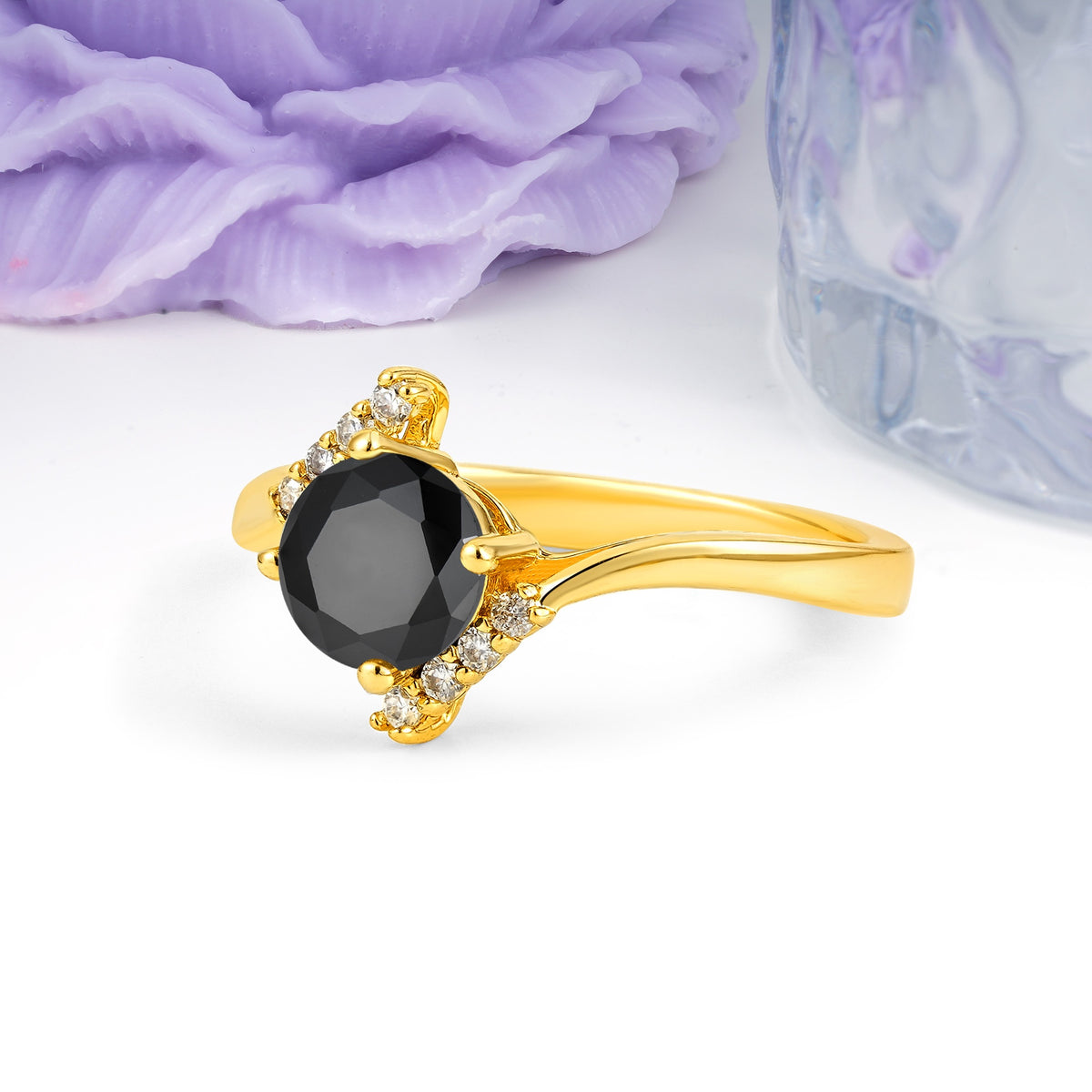 Unique Twisted 4 Prong Round Cut Black Onyx Engagement Ring - Additional view