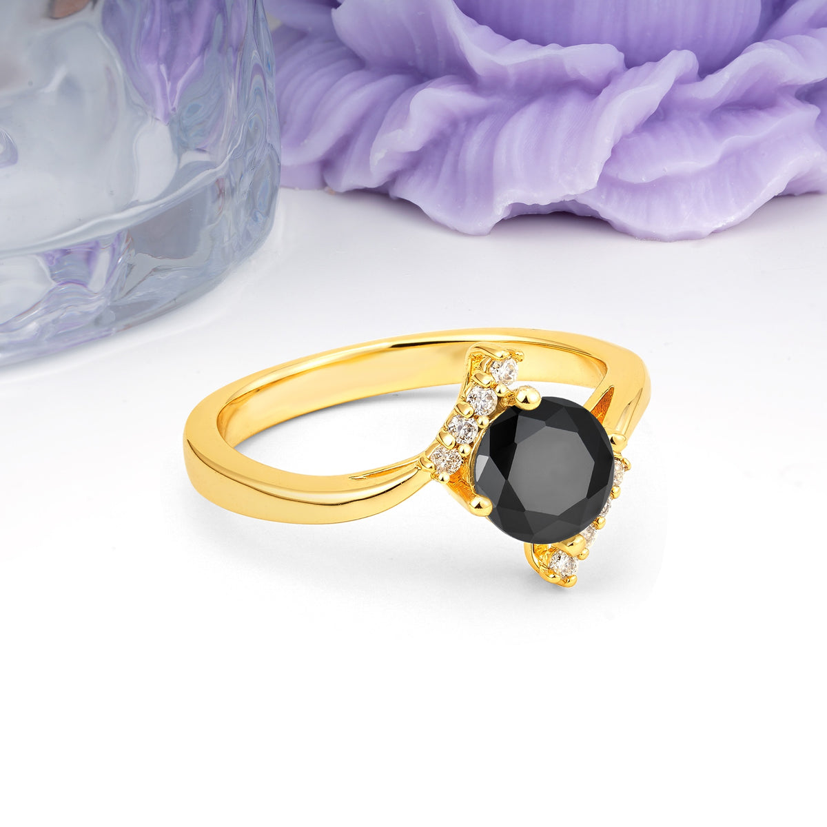 Unique Twisted 4 Prong Round Cut Black Onyx Engagement Ring - Additional view