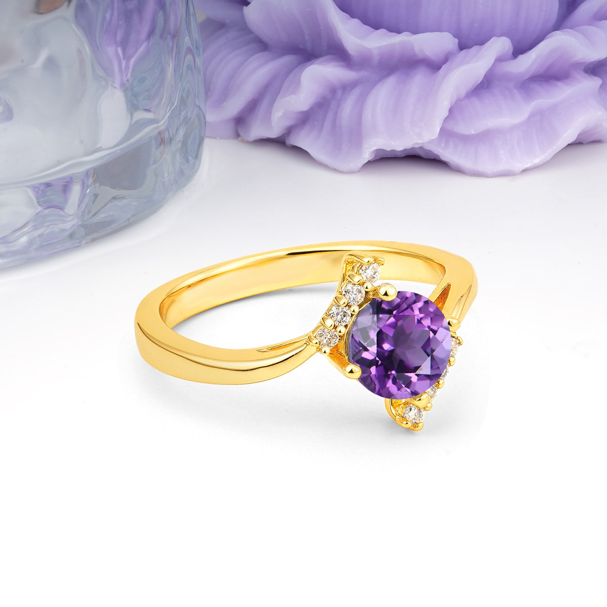 Unique Twisted 4 Prong Round Cut Amethyst Engagement Ring - Additional view