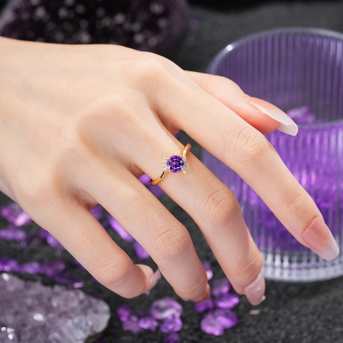 Unique Twisted 4 Prong Round Cut Amethyst Engagement Ring - Additional view