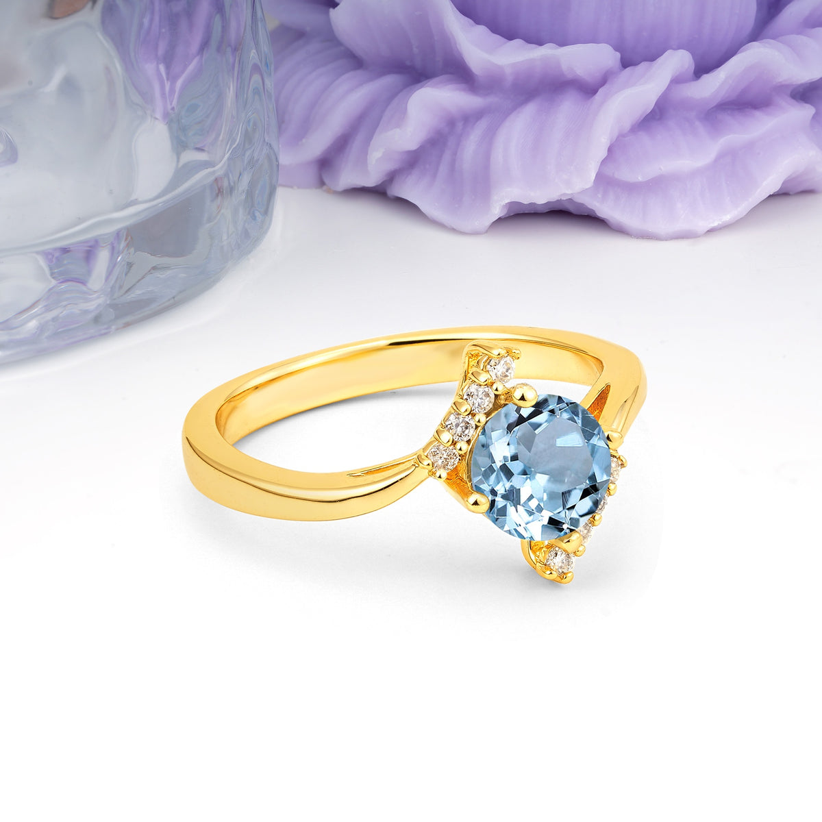 Unique Twisted 4 Prong Round Cut Aquamarine Engagement Ring - Additional view