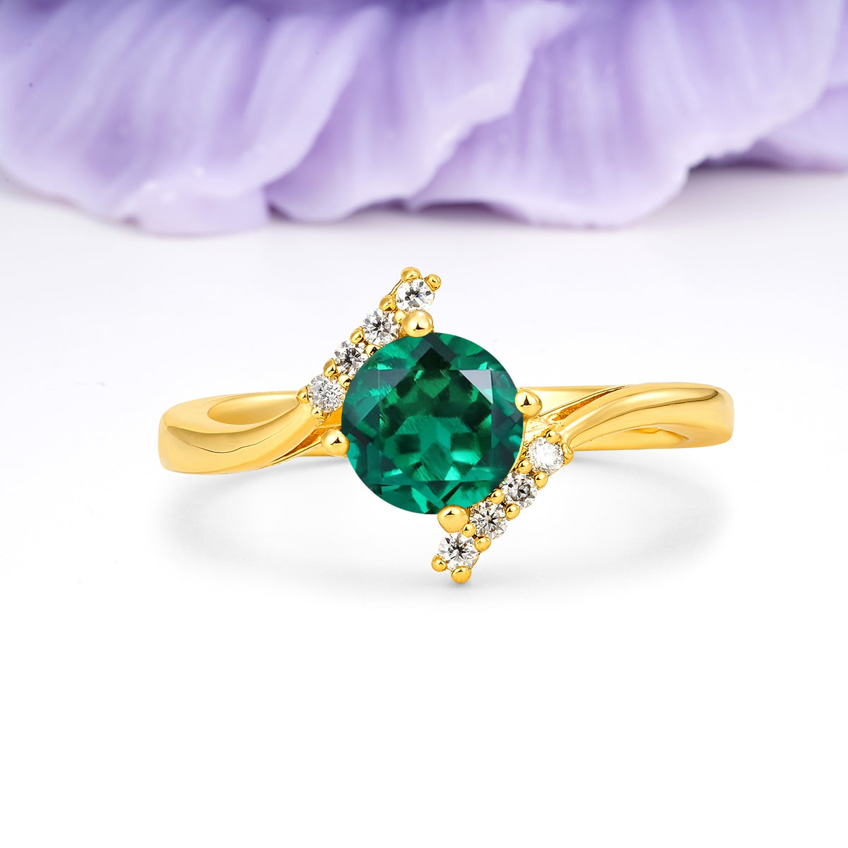 Unique Twisted 4 Prong Round Cut Emerald Engagement Ring - Additional view