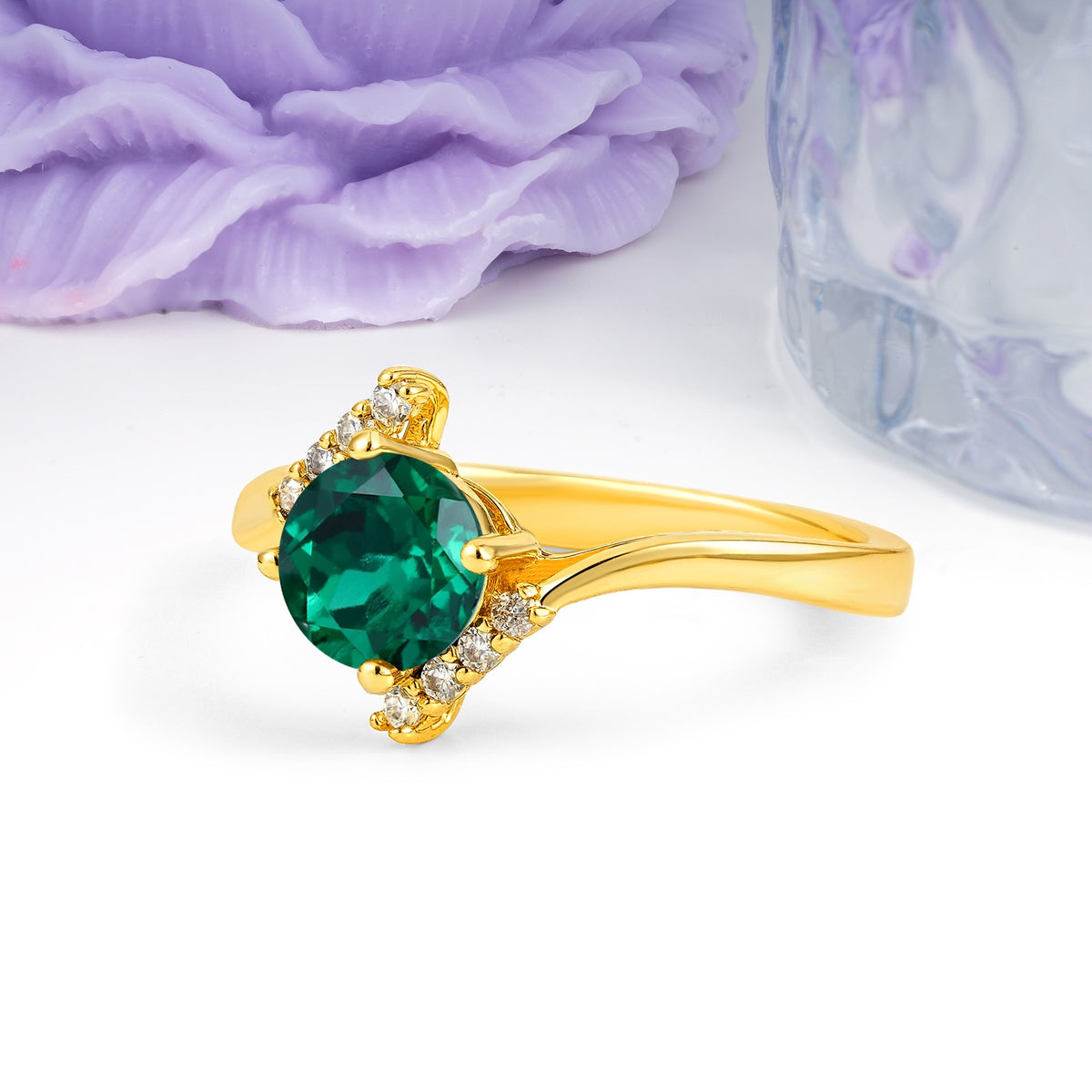 Unique Twisted 4 Prong Round Cut Emerald Engagement Ring - Additional view