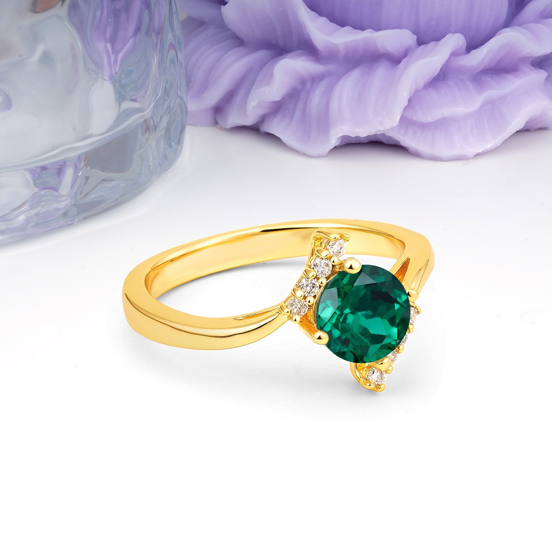 Unique Twisted 4 Prong Round Cut Emerald Engagement Ring - Additional view