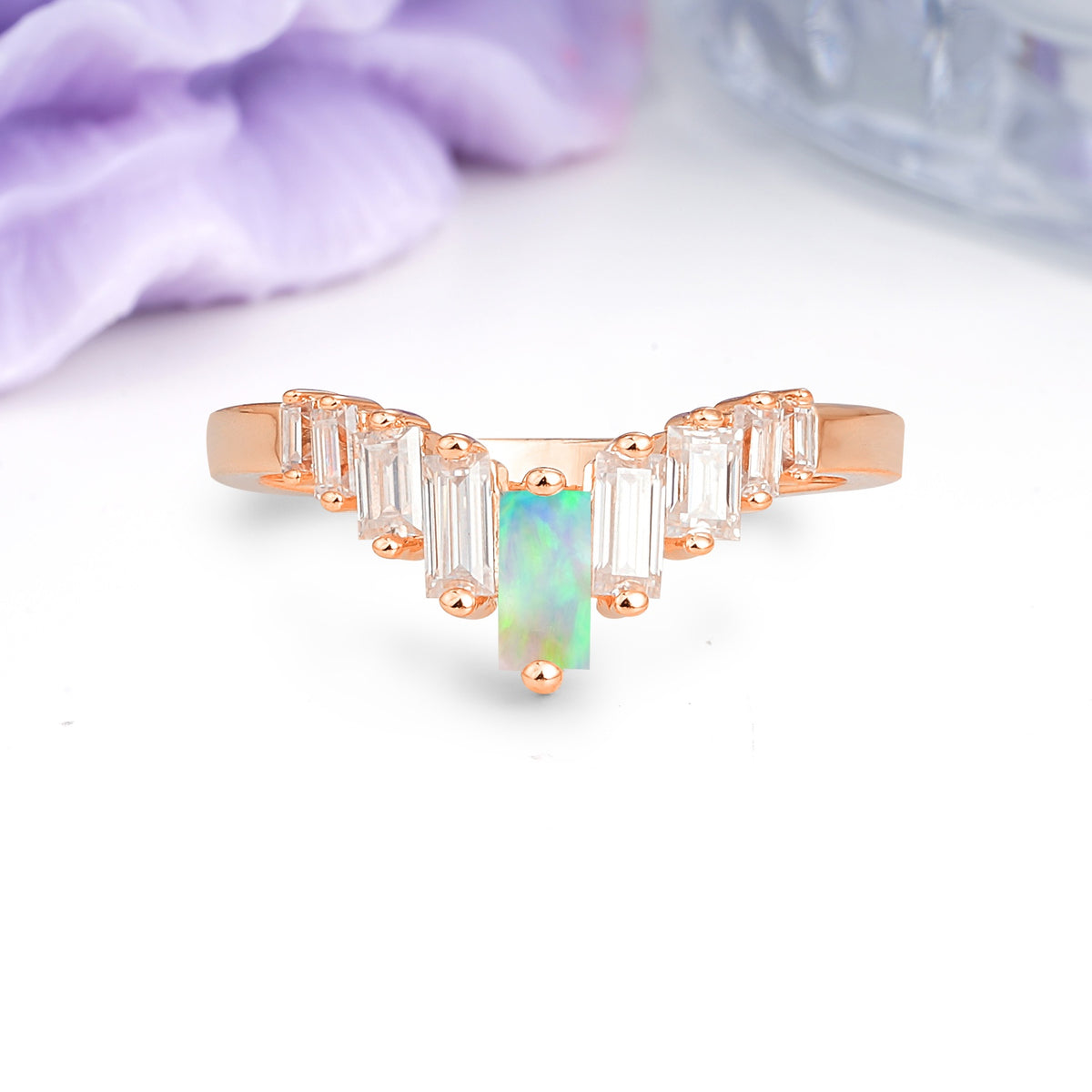 Elegant Soft Mountain Peak V Shape Graduated Emerald Cut Fire Opal Wedding Ring - Additional view
