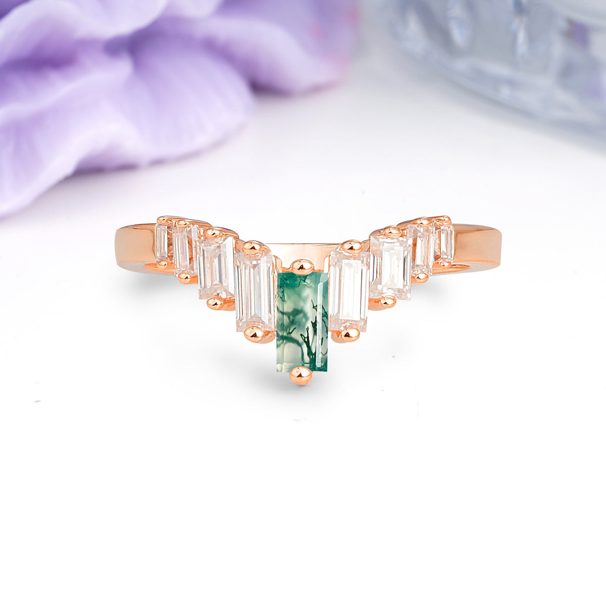 Elegant Soft Mountain Peak V Shape Graduated Emerald Cut Moss Agate Wedding Ring - Additional view