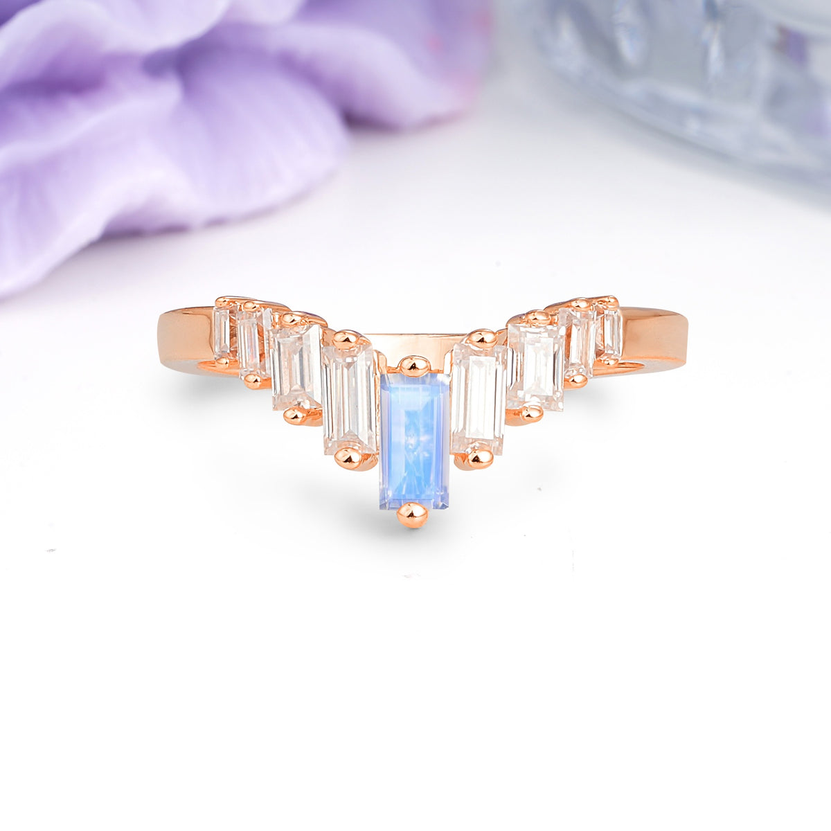 Elegant Soft Mountain Peak V Shape Graduated Emerald Cut Moonstone Wedding Ring - Additional view
