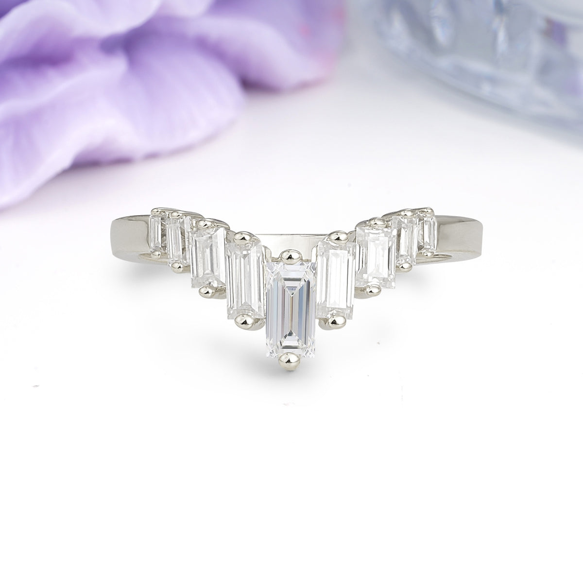 Elegant Soft Mountain Peak V Shape Graduated Emerald Cut Moissanite Wedding Ring - Additional view