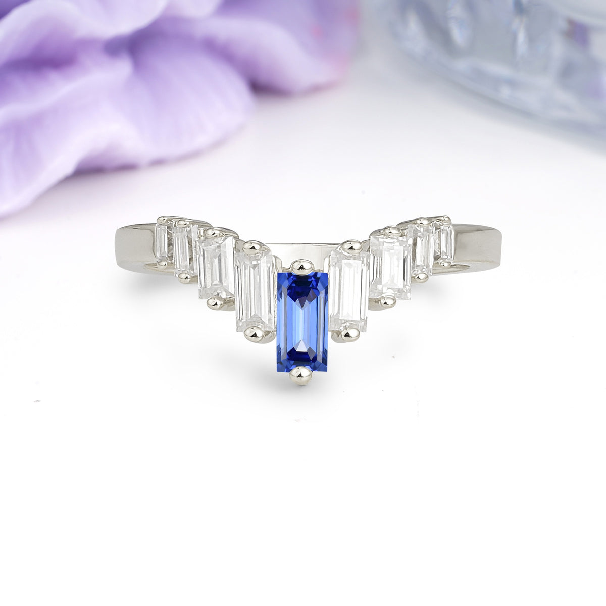 Elegant Soft Mountain Peak V Shape Graduated Emerald Cut Sapphire Wedding Ring - Additional view