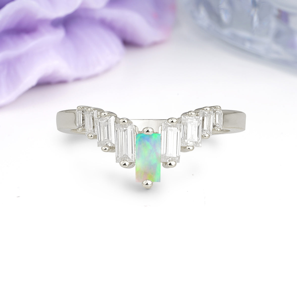 Elegant Soft Mountain Peak V Shape Graduated Emerald Cut Fire Opal Wedding Ring - Additional view