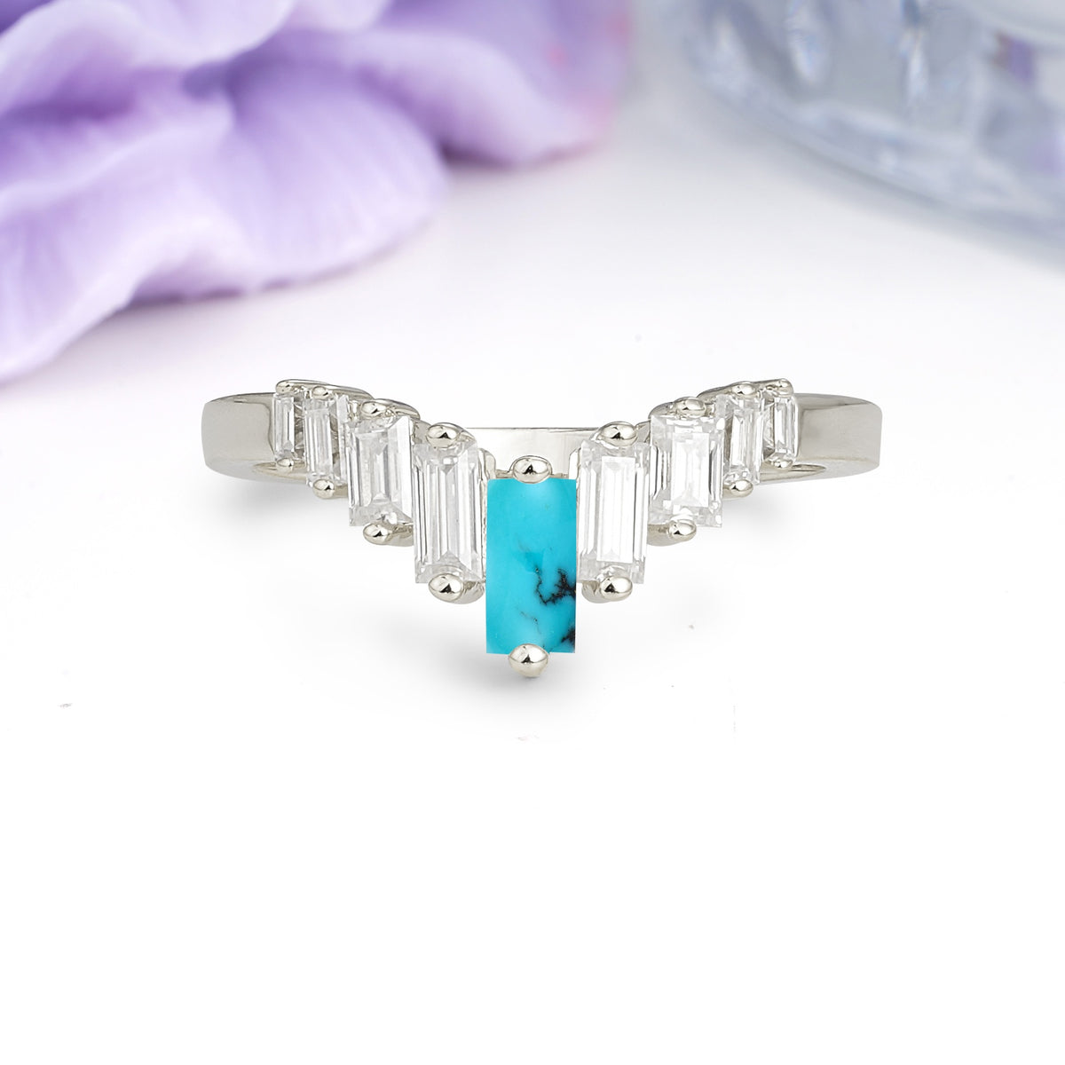 Elegant Soft Mountain Peak V Shape Graduated Emerald Cut Turquoise Wedding Ring - Additional view