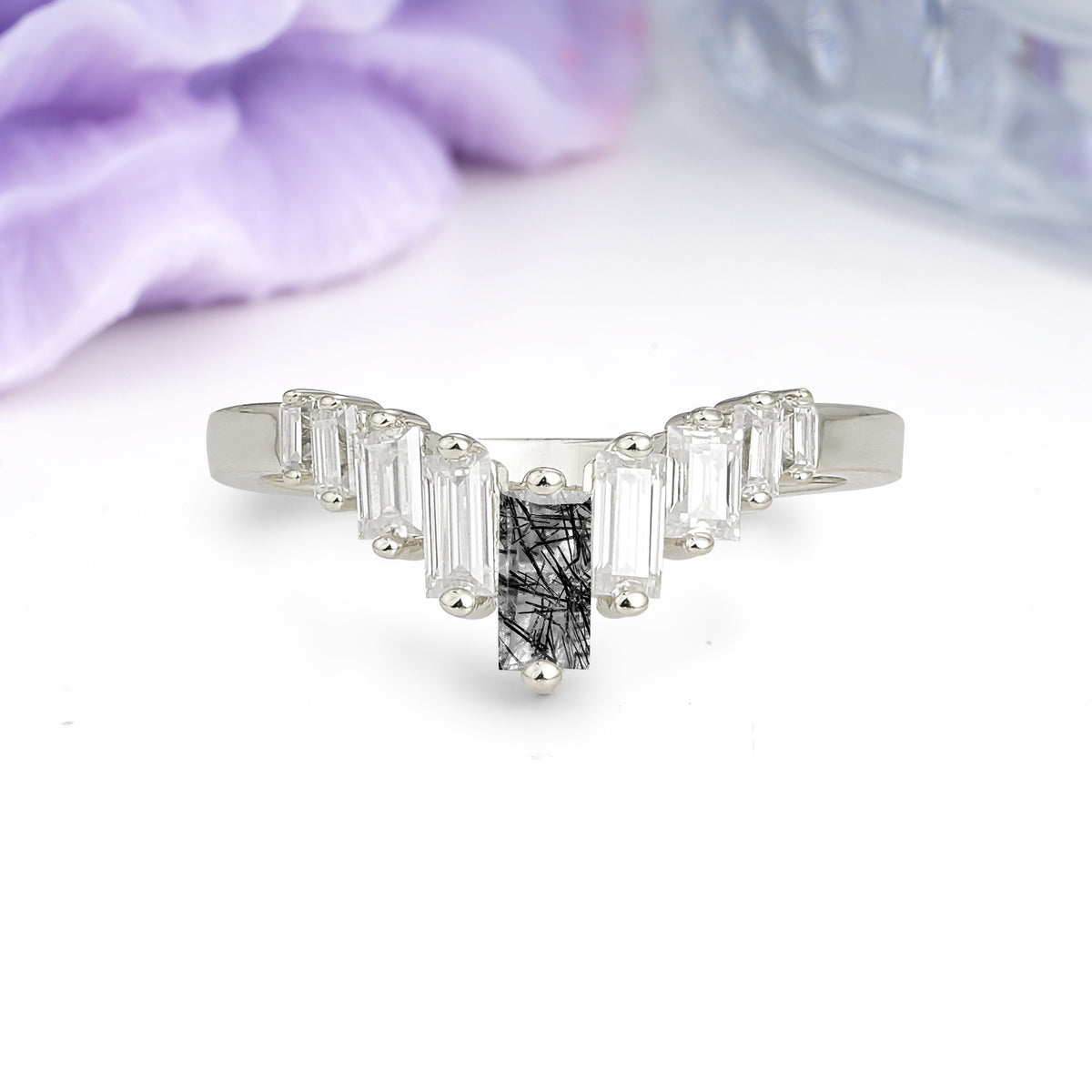 Elegant Soft Mountain Peak V Shape Graduated Emerald Cut Black Rutilated Quartz Wedding Ring - Additional view