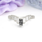 Elegant Soft Mountain Peak V Shape Graduated Emerald Cut Black Rutilated Quartz Wedding Ring - Additional view