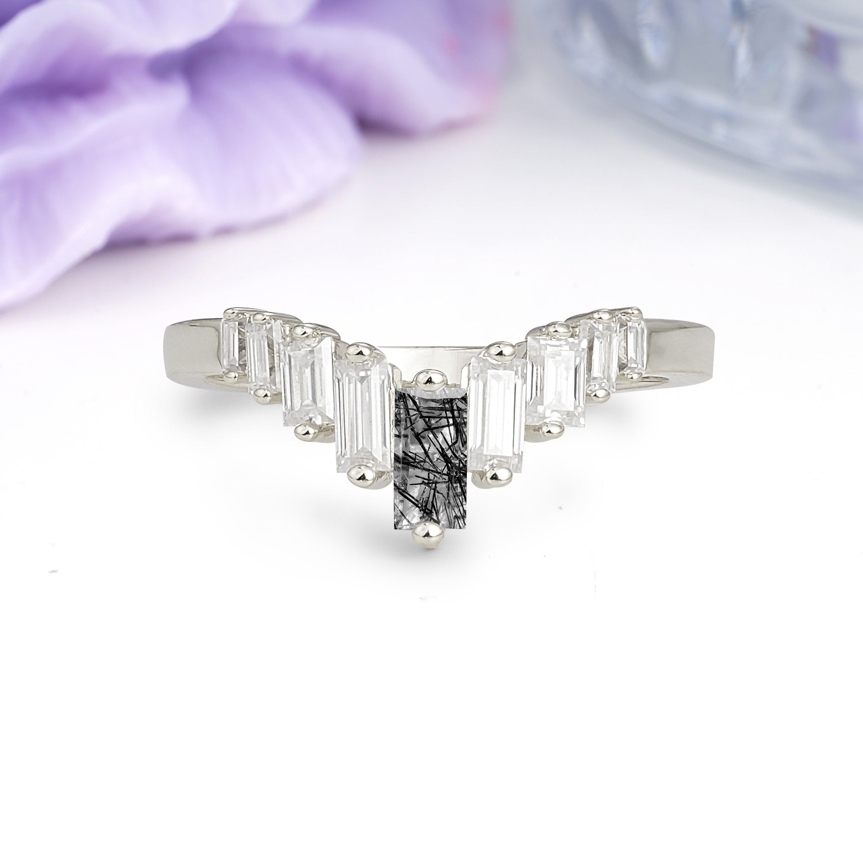 Elegant Soft Mountain Peak V Shape Graduated Emerald Cut Black Rutilated Quartz Wedding Ring - Additional view