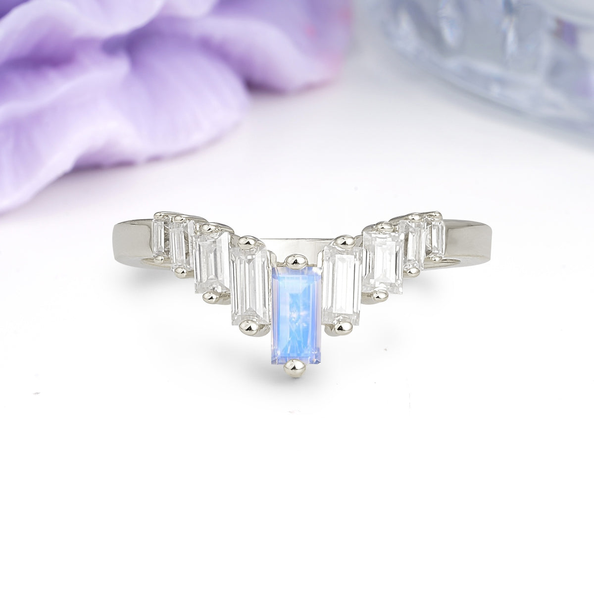 Elegant Soft Mountain Peak V Shape Graduated Emerald Cut Moonstone Wedding Ring - Additional view