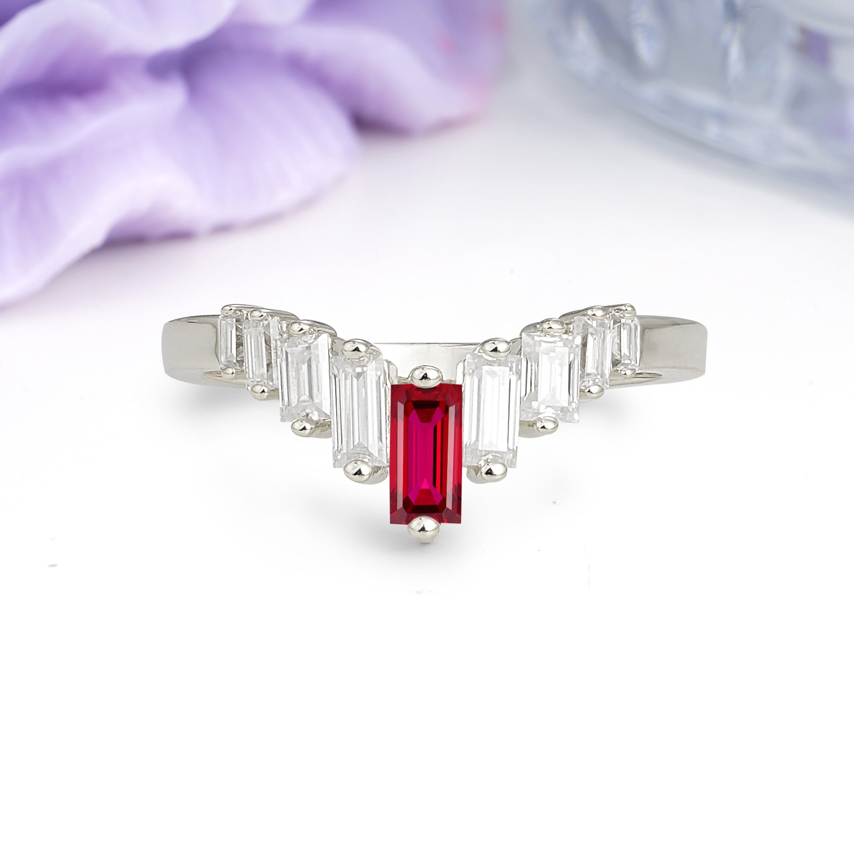 Elegant Soft Mountain Peak V Shape Graduated Emerald Cut Ruby Wedding Ring - Additional view