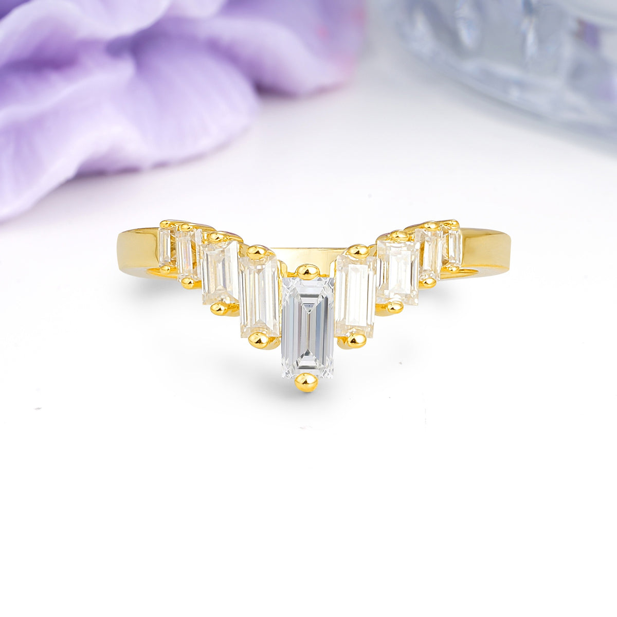 Elegant Soft Mountain Peak V Shape Graduated Emerald Cut Moissanite Wedding Ring - Additional view