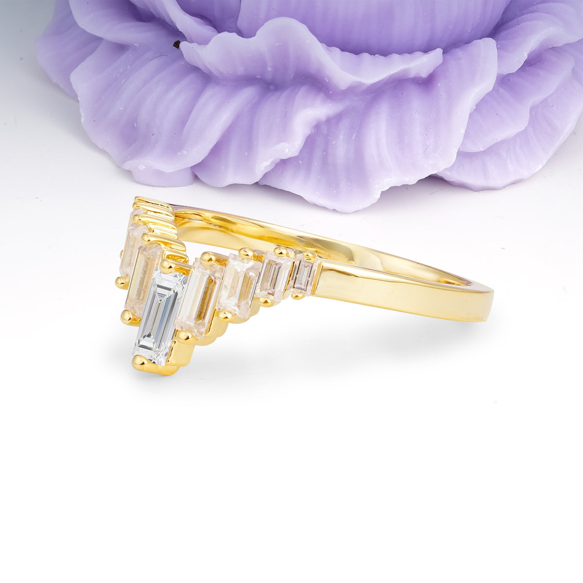Elegant Soft Mountain Peak V Shape Graduated Emerald Cut Moissanite Wedding Ring - Additional view