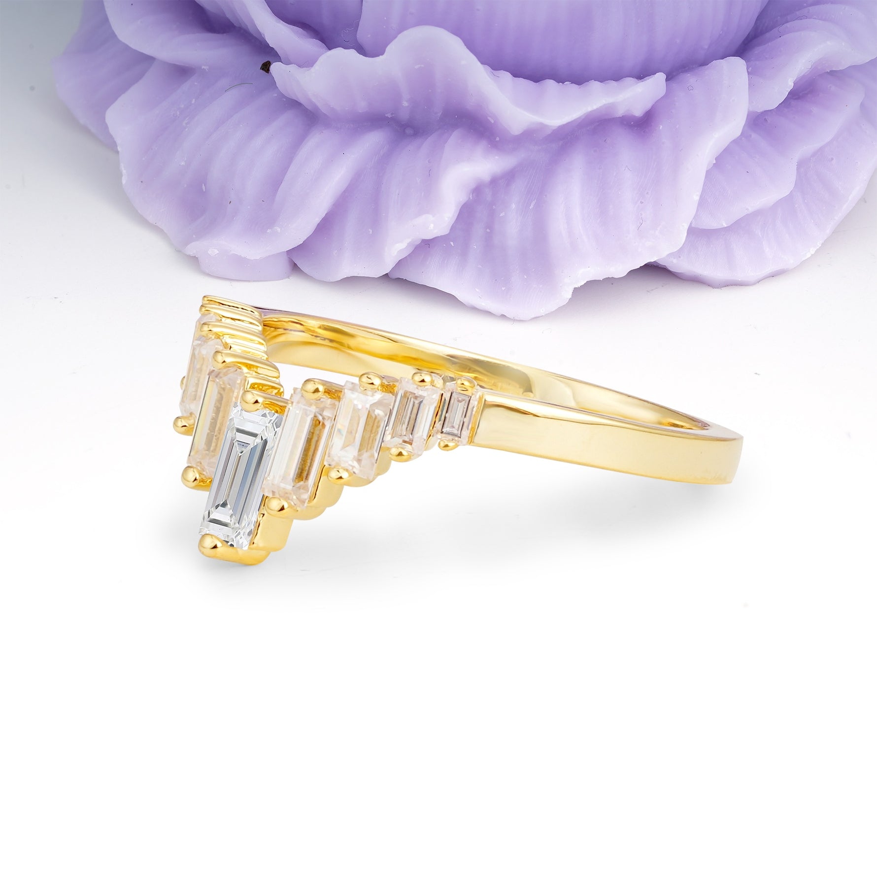 Elegant Soft Mountain Peak V Shape Graduated Emerald Cut Moissanite Wedding Ring - Additional view