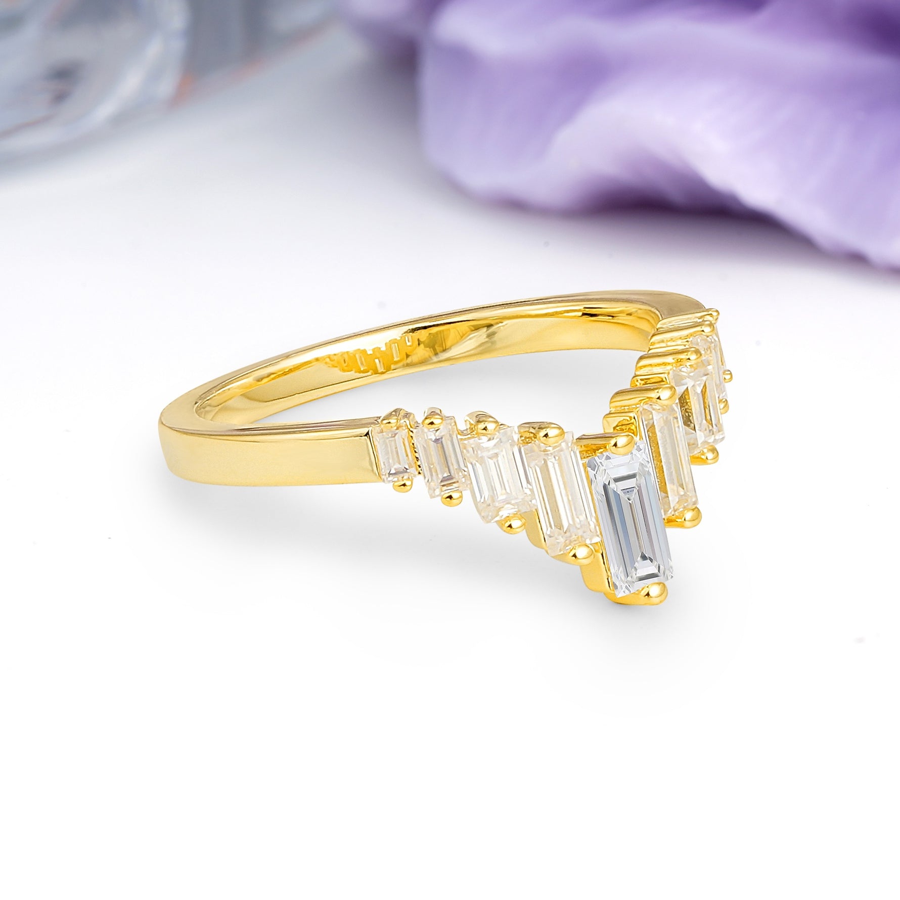 Elegant Soft Mountain Peak V Shape Graduated Emerald Cut Moissanite Wedding Ring - Additional view