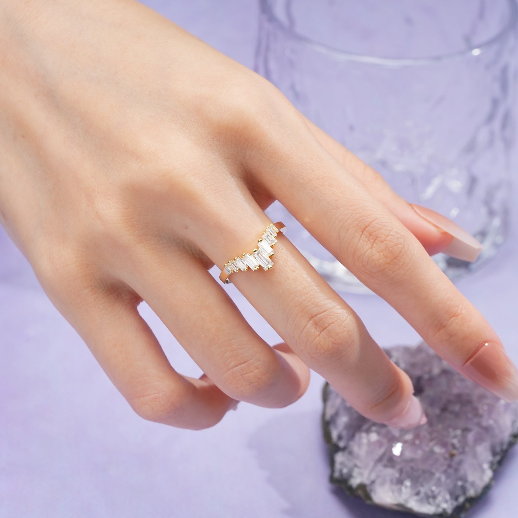 Elegant Soft Mountain Peak V Shape Graduated Emerald Cut Moissanite Wedding Ring - Additional view