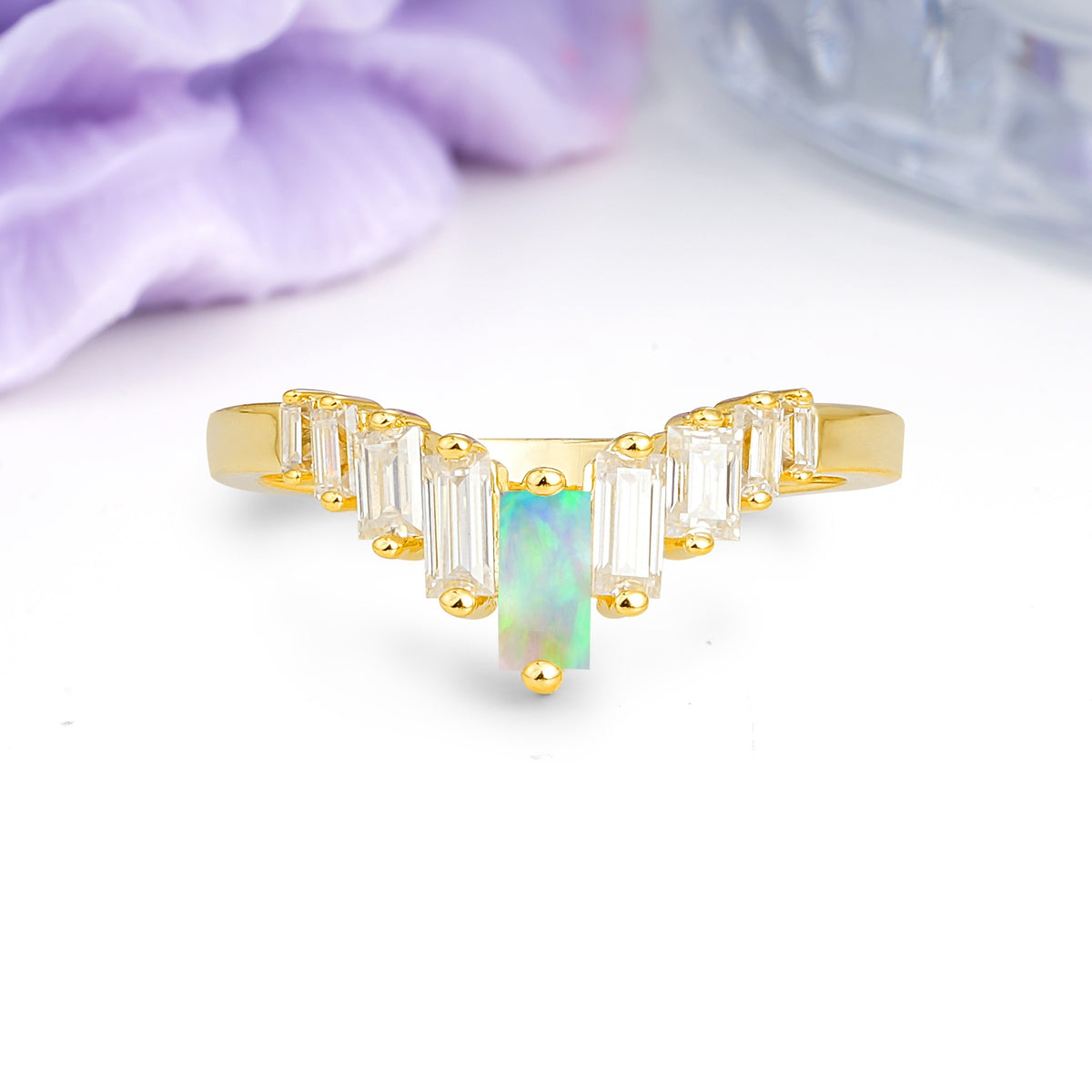 Elegant Soft Mountain Peak V Shape Graduated Emerald Cut Fire Opal Wedding Ring - Additional view