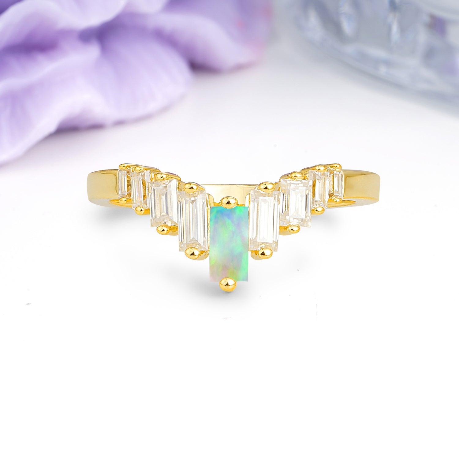 Elegant Soft Mountain Peak V Shape Graduated Emerald Cut Fire Opal Wedding Ring - Additional view