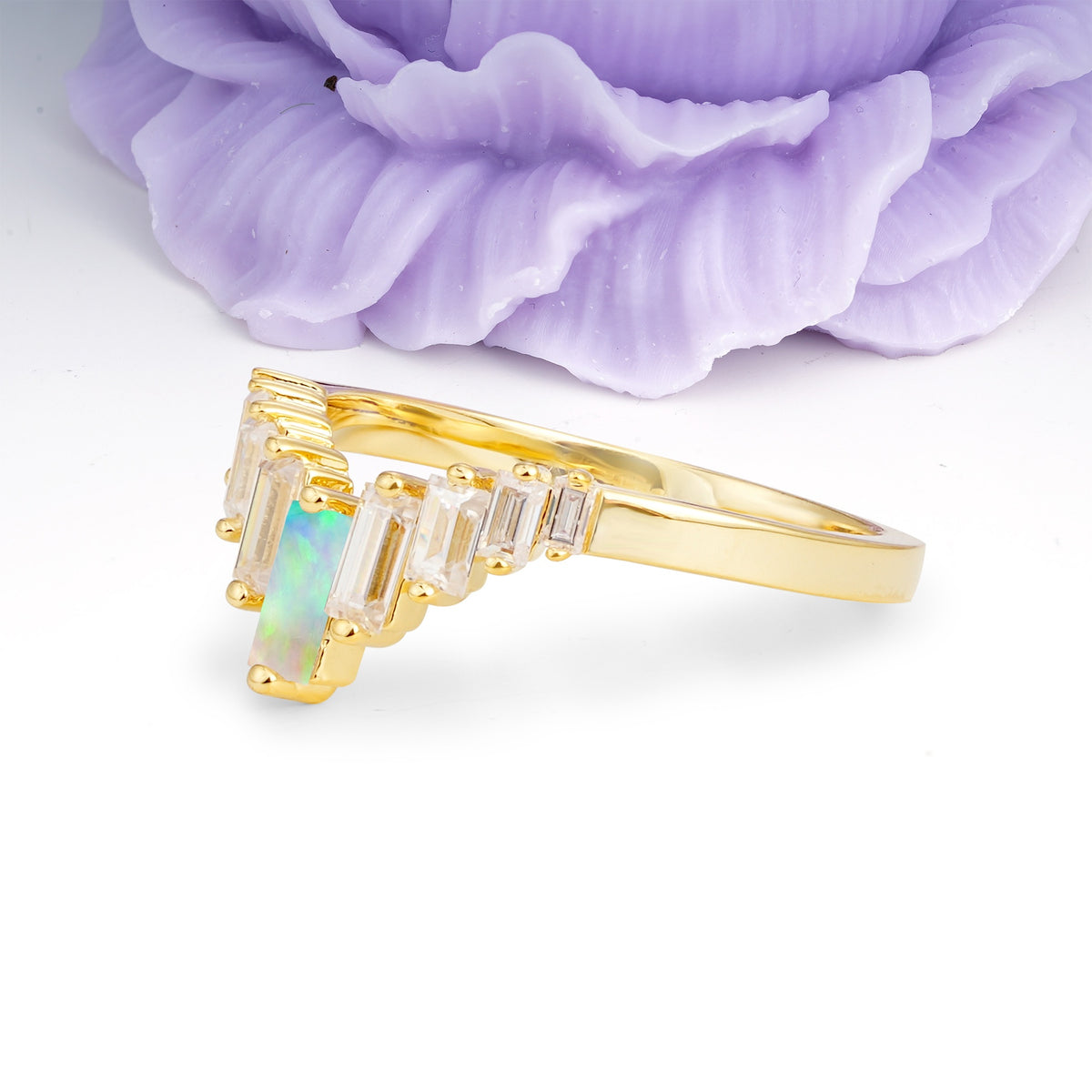 Elegant Soft Mountain Peak V Shape Graduated Emerald Cut Fire Opal Wedding Ring - Additional view