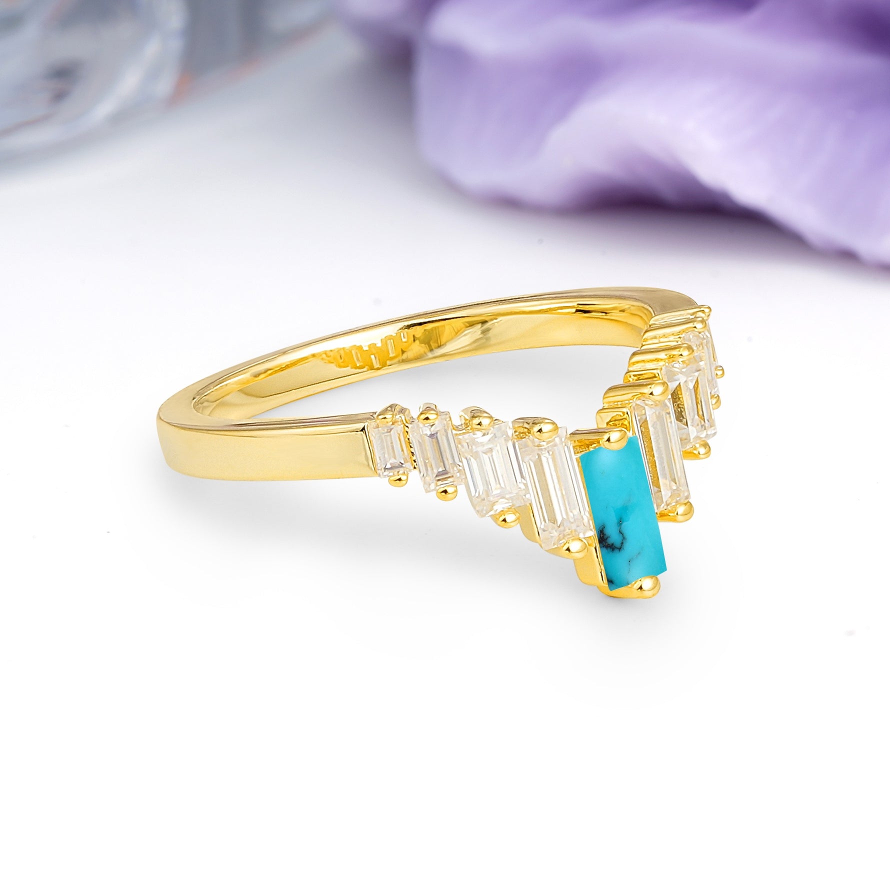 Elegant Soft Mountain Peak V Shape Graduated Emerald Cut Turquoise Wedding Ring - Additional view