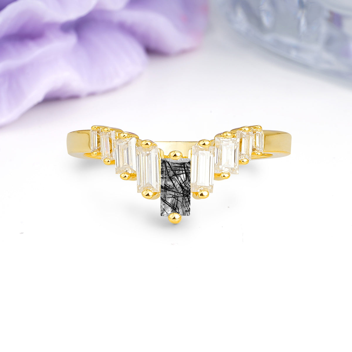 Elegant Soft Mountain Peak V Shape Graduated Emerald Cut Black Rutilated Quartz Wedding Ring - Additional view