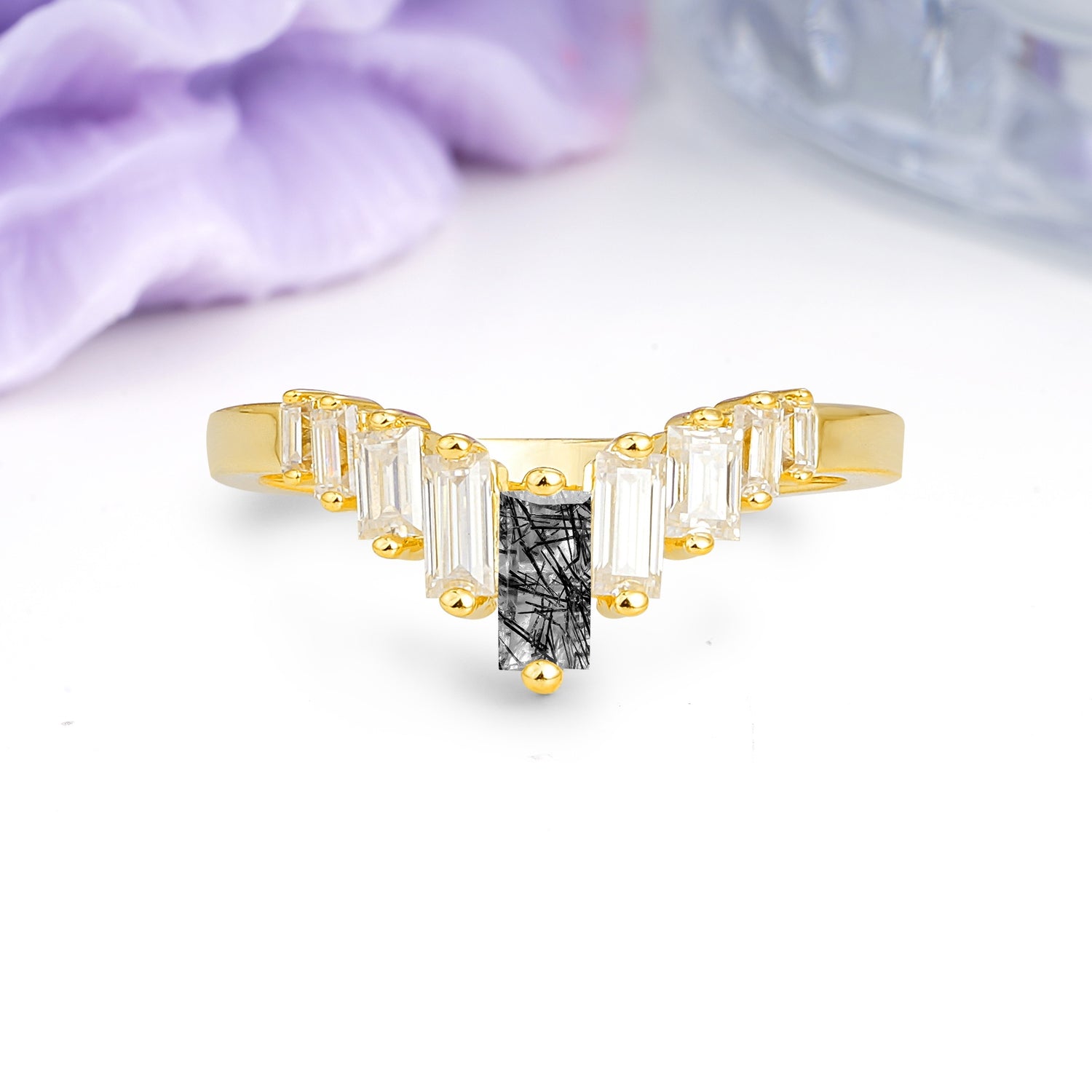 Elegant Soft Mountain Peak V Shape Graduated Emerald Cut Black Rutilated Quartz Wedding Ring - Additional view
