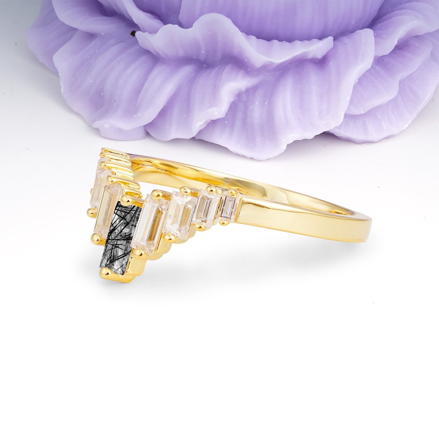 Elegant Soft Mountain Peak V Shape Graduated Emerald Cut Black Rutilated Quartz Wedding Ring - Additional view