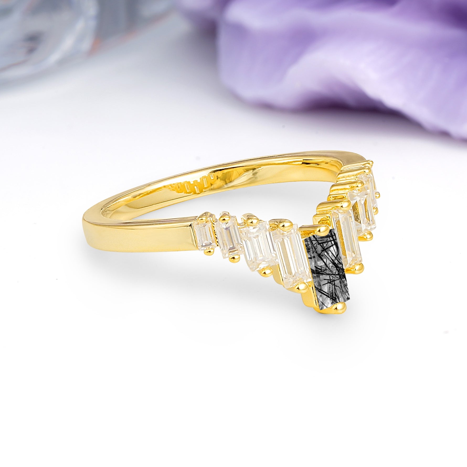 Elegant Soft Mountain Peak V Shape Graduated Emerald Cut Black Rutilated Quartz Wedding Ring - Additional view
