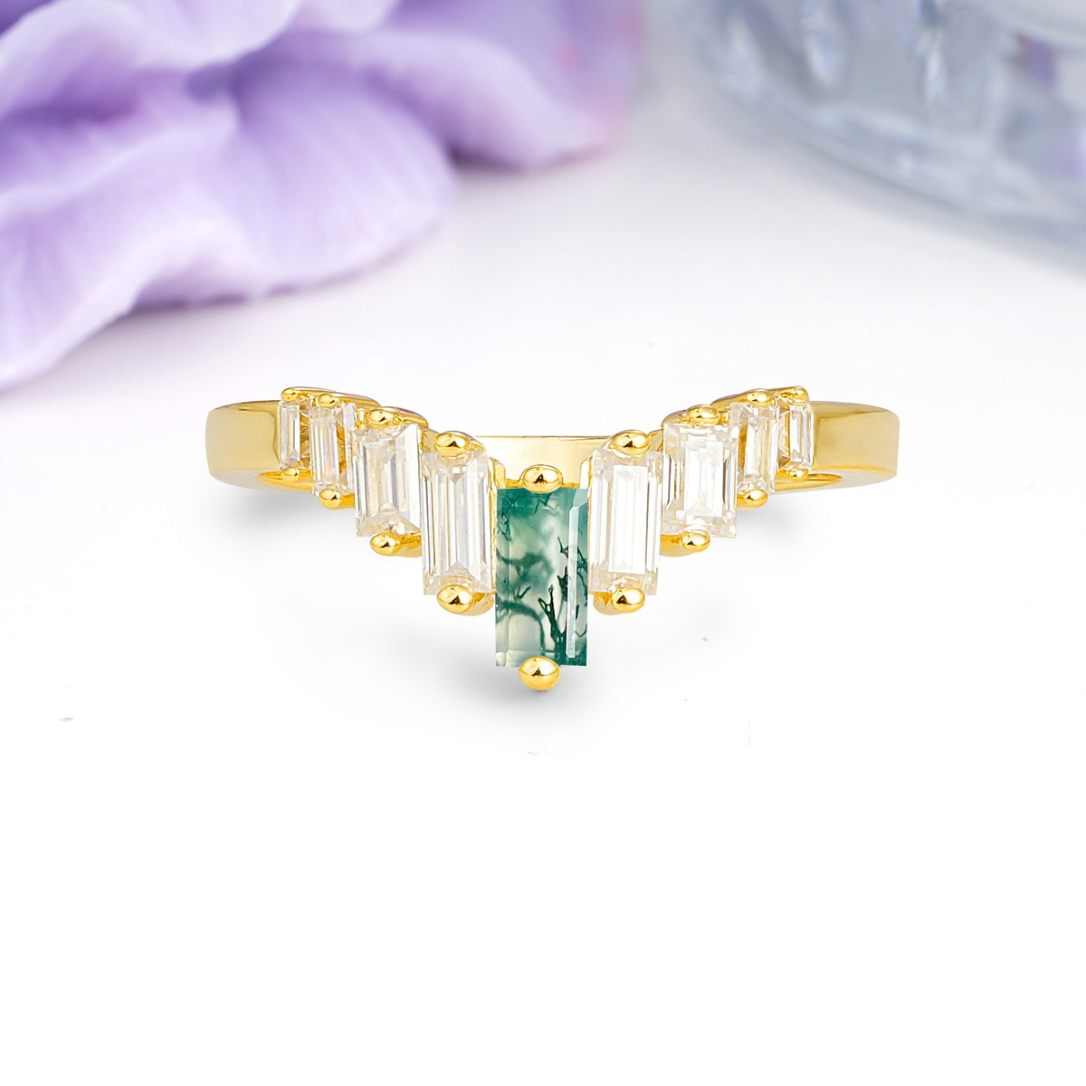 Elegant Soft Mountain Peak V Shape Graduated Emerald Cut Moss Agate Wedding Ring - Additional view