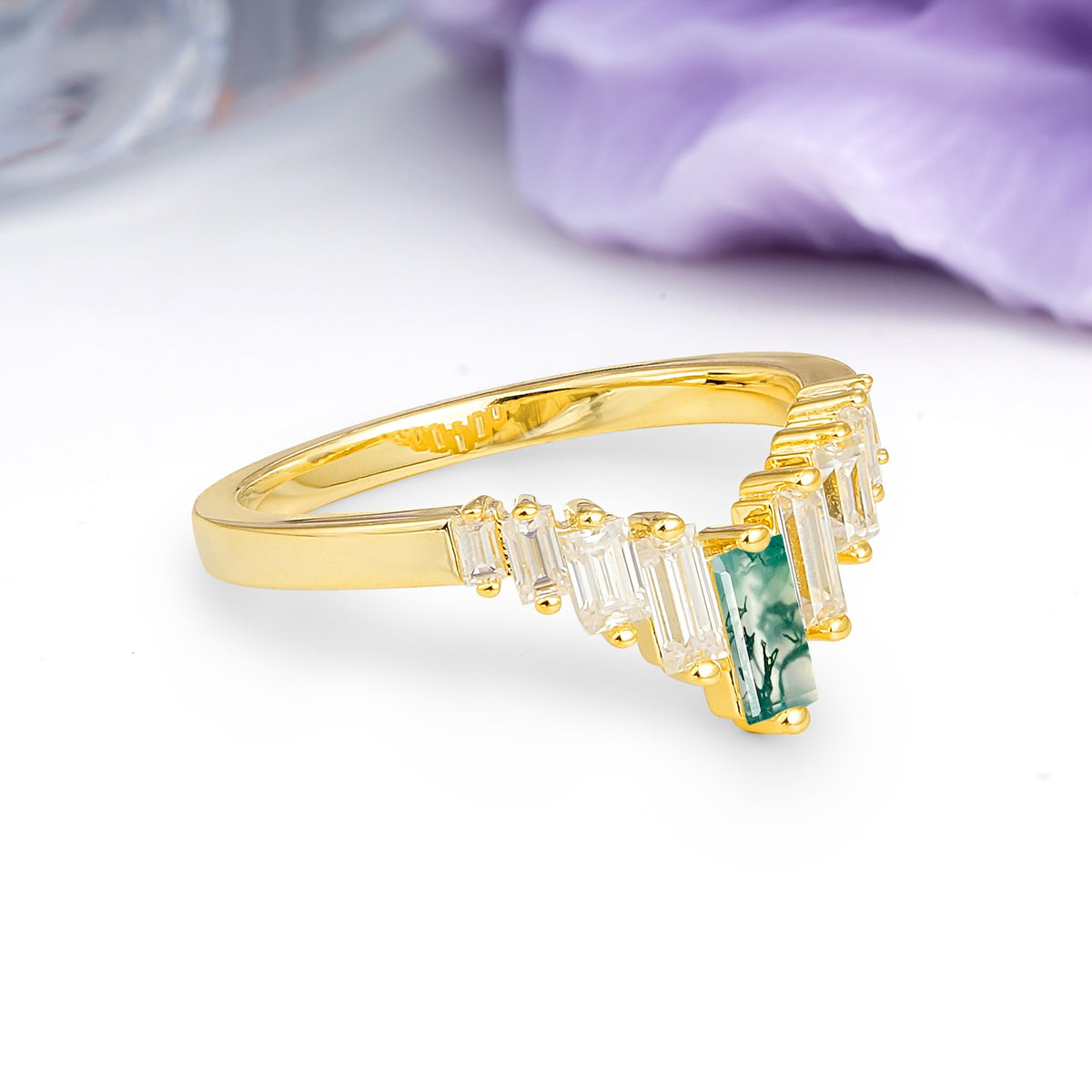 Elegant Soft Mountain Peak V Shape Graduated Emerald Cut Moss Agate Wedding Ring - Additional view