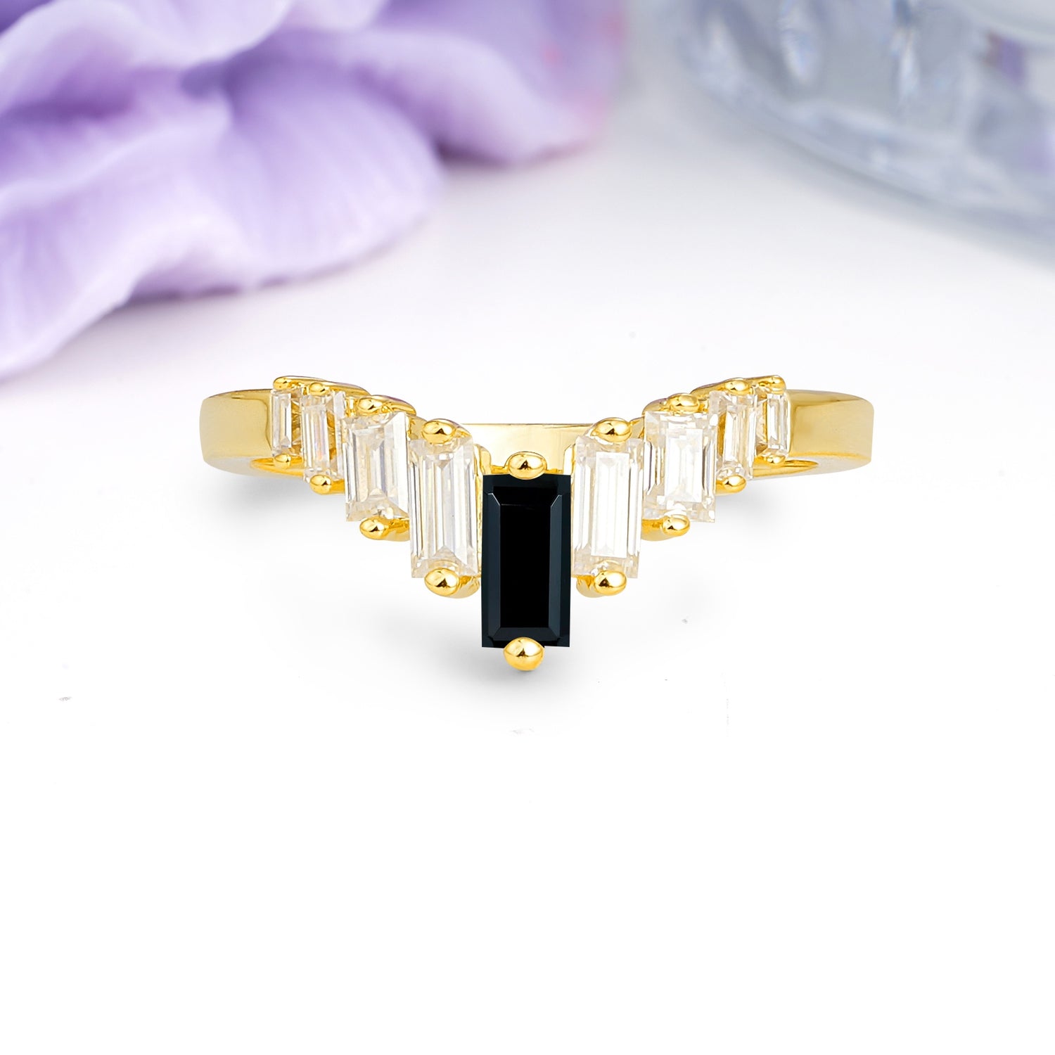 Elegant Soft Mountain Peak V Shape Graduated Emerald Cut Black Onyx Wedding Ring - Additional view