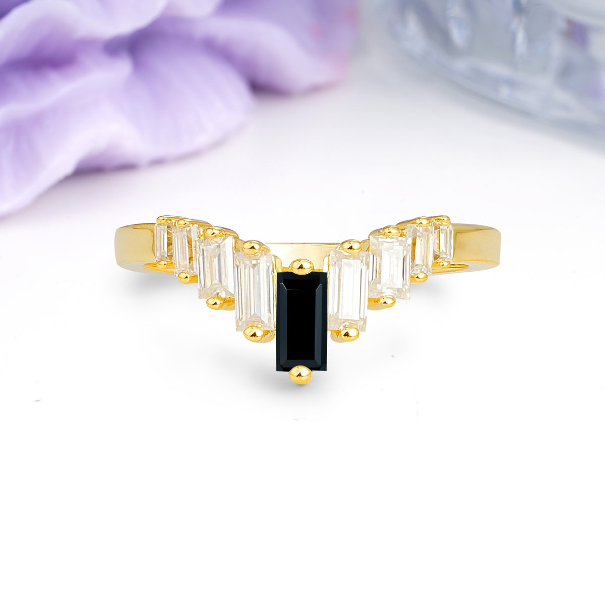 Elegant Soft Mountain Peak V Shape Graduated Emerald Cut Black Onyx Wedding Ring - Additional view