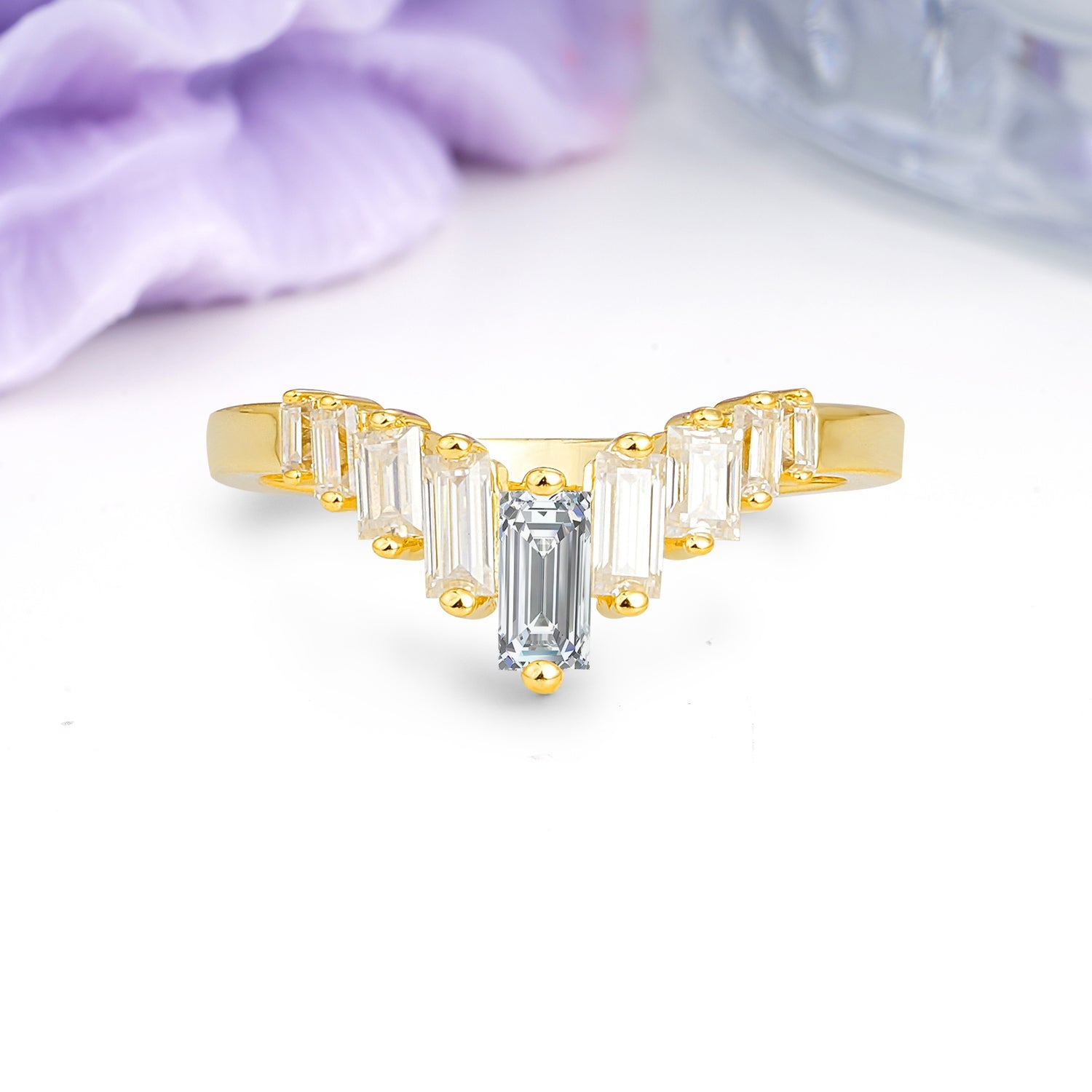Elegant Soft Mountain Peak V Shape Graduated Emerald Cut Lab Diamond Wedding Ring - Additional view