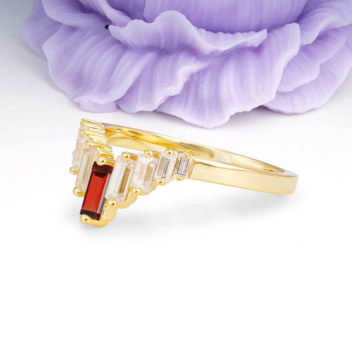 Elegant Soft Mountain Peak V Shape Graduated Emerald Cut Garnet Wedding Ring - Additional view