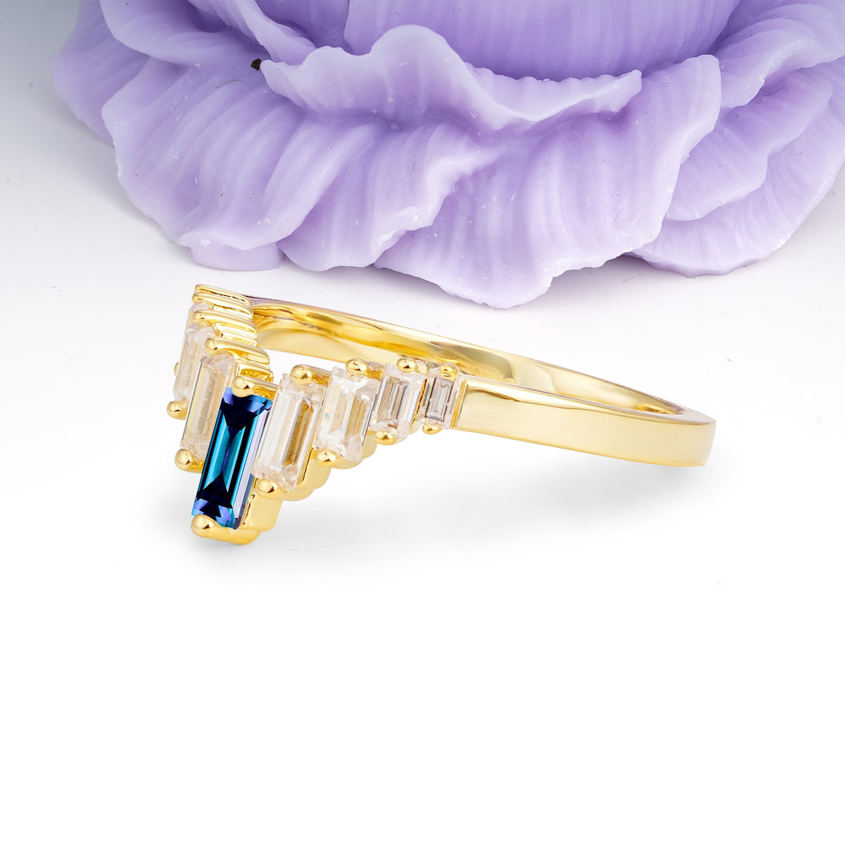 Elegant Soft Mountain Peak V Shape Graduated Emerald Cut Alexandrite Wedding Ring - Additional view