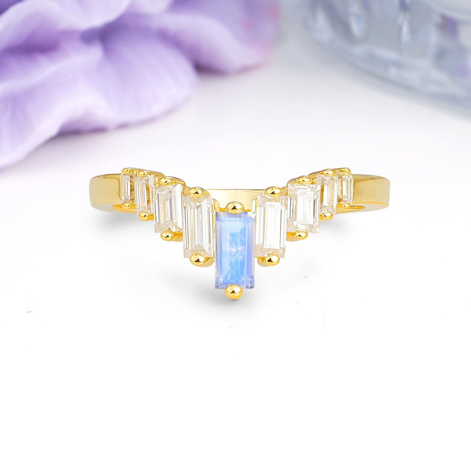 Elegant Soft Mountain Peak V Shape Graduated Emerald Cut Moonstone Wedding Ring - Additional view