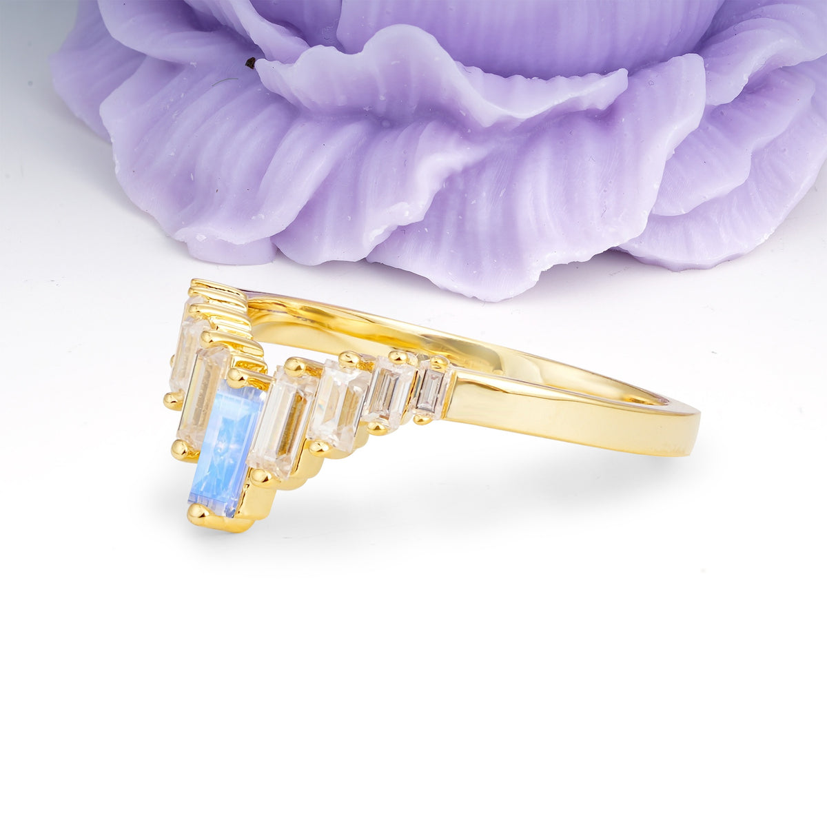 Elegant Soft Mountain Peak V Shape Graduated Emerald Cut Moonstone Wedding Ring - Additional view