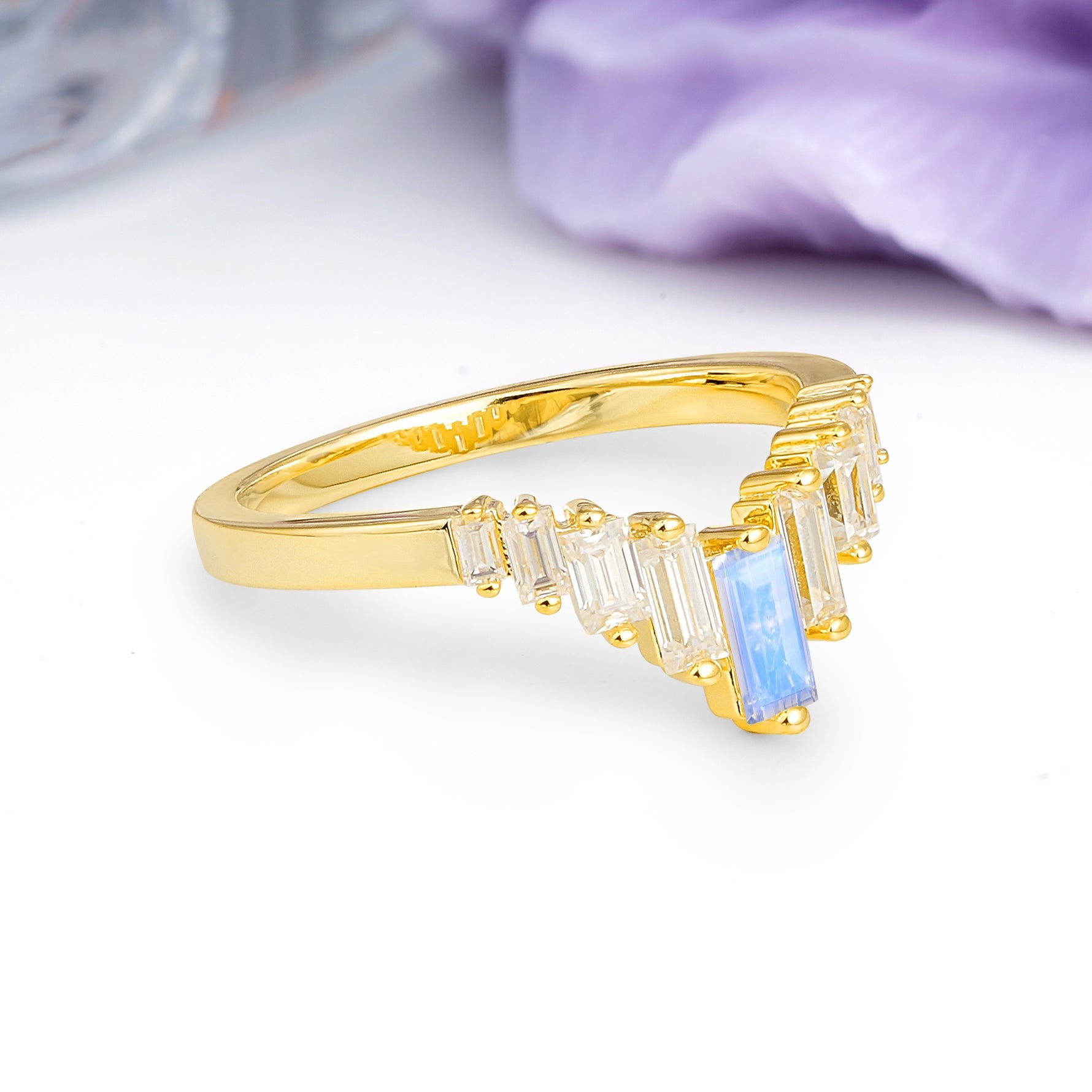 Elegant Soft Mountain Peak V Shape Graduated Emerald Cut Moonstone Wedding Ring - Additional view